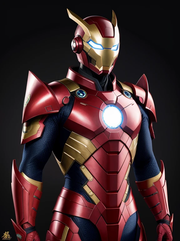 Chinese flag color matching armor,The armor is embedded with dragon scales,Refer to the Iron Man Warframe,Chinese fairy tale background,The upper part of the body,HD realistic HD digital art, A detailed, skin texture, ultra - detailed, realistic skin textures, armure, best qualityer