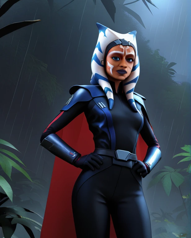 zPDXL, source_anime,
BREAK
ahsoka tano, cape, armor,black gloves,tight bodysuit,black cape,black pants,
BREAK
close-up, solo, standing, front view, medium breasts, hands on hips, wide hips,
BREAK
x3dce, 3d, jungle background, dense vegetation, rain, night, night sky, 
