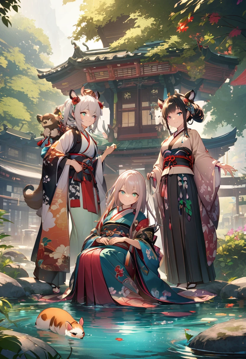 mysterious forest、lots of animals、fantasy、state of the city、Nishikigoi in the pond、Japanese style、high detail、anatomically correct、Japanese style、three teenage girls、Gradient colored eyes、smile