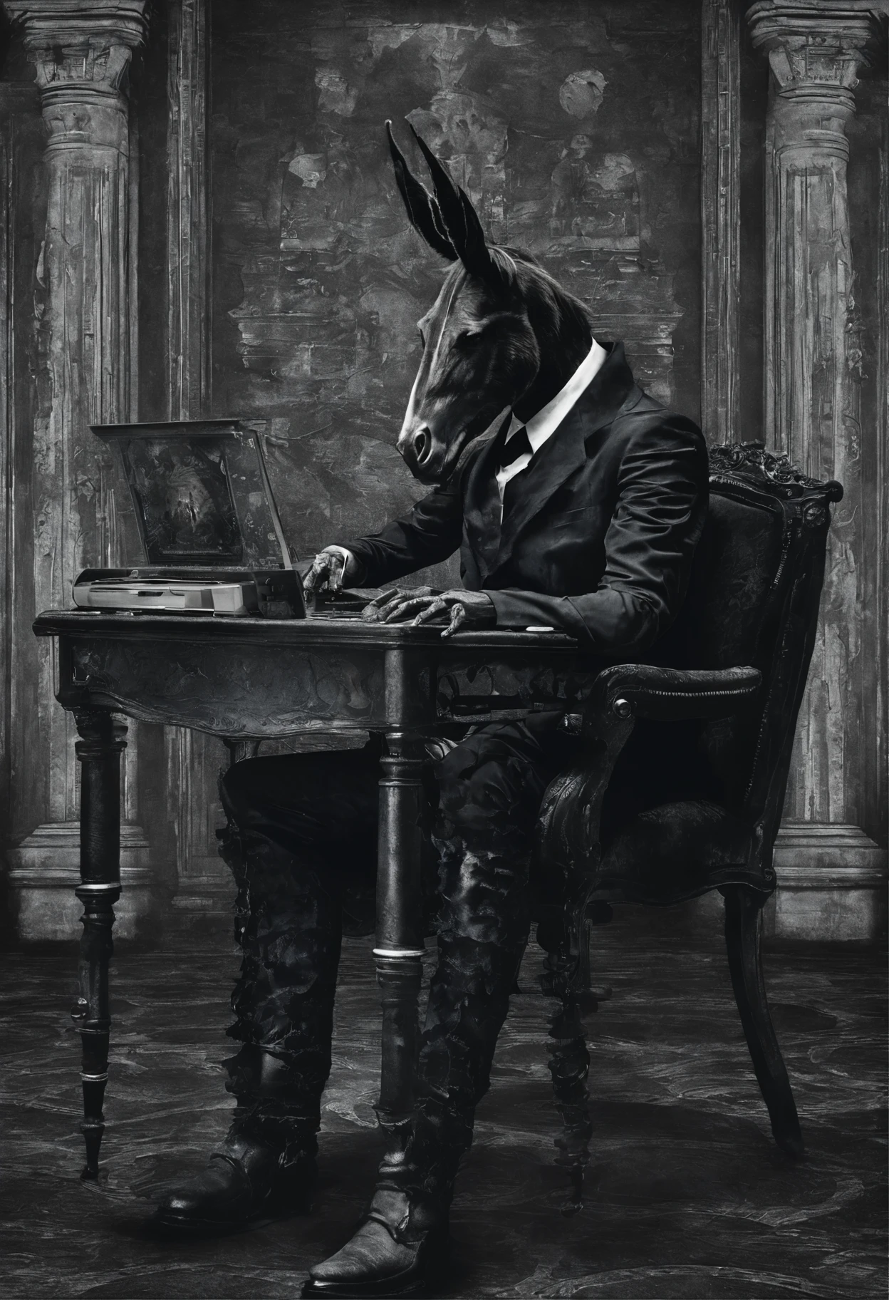 A donkey wearing a black mafia suit sits on a chair with a computer in front of him and writes 