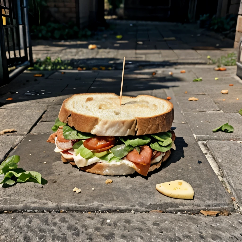 A [rotten] Blt sandwich. Disgusting, off. Poisonous with 3 BIG BITES! . Tossed On the floor. PAVEMENT 