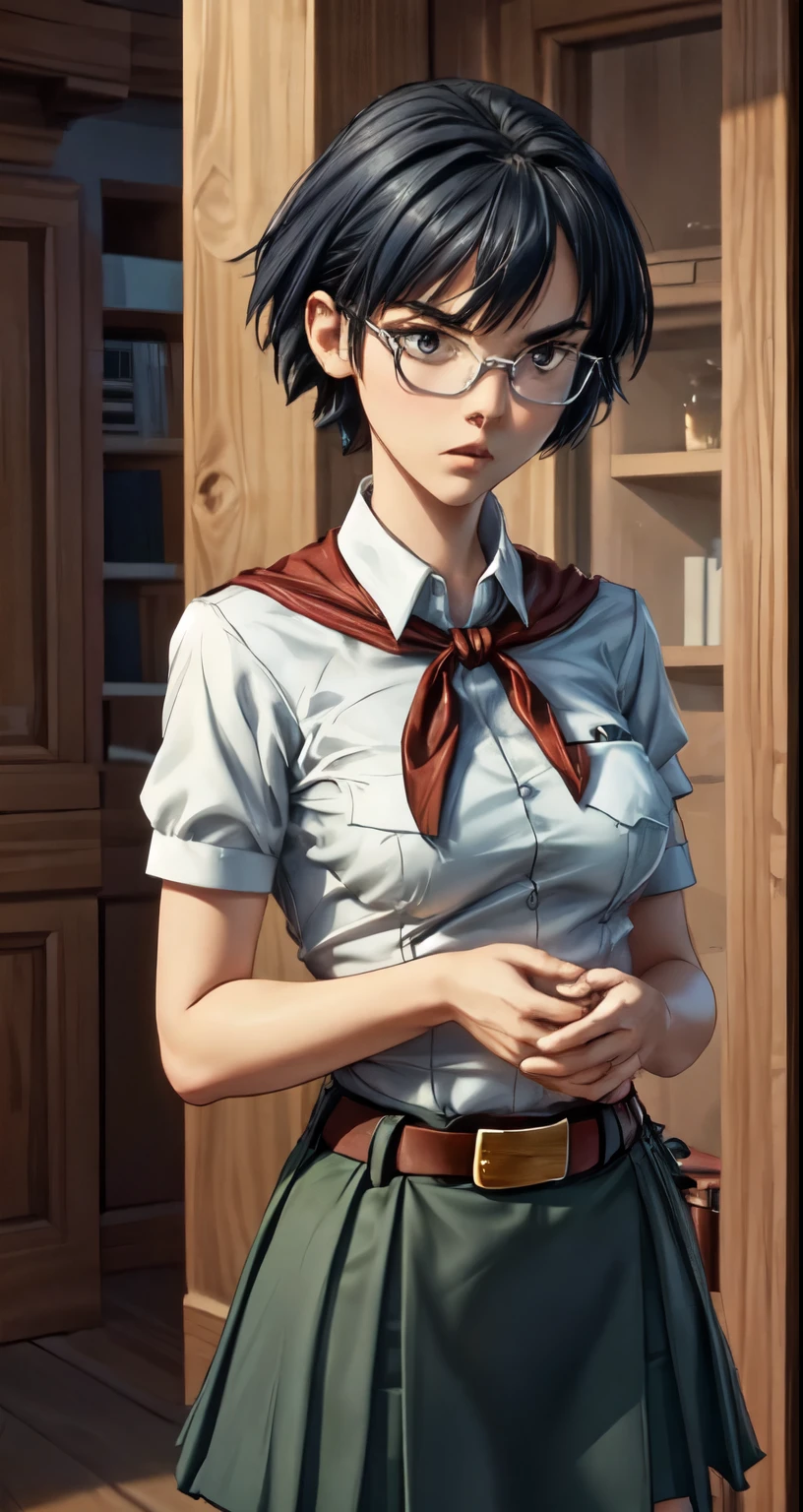 very young slim fit girl, full height, rounded face, short dark hair, big eyes, angry, perfect flat breast, pioneer neckerchief, short tight blue pleated skirt, bangs, tight white shirt, short sleeves, collared shirt, belt, red neckerchief, breast pocket, shizune 