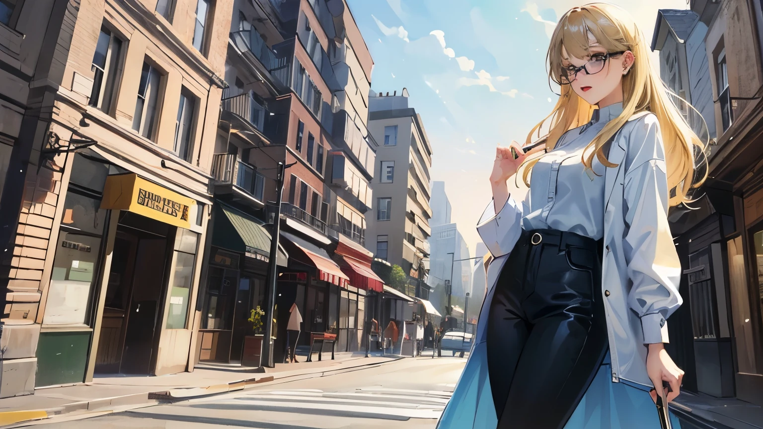 ((Best quality)), ((masterpiece)), (detailed), perfect face, ((blonde)), ((full length)), spectacled, with piercings, Average hair length, ((One person in the frame)), young woman, high, in modern clothes, against the background of buildings, in tight pants