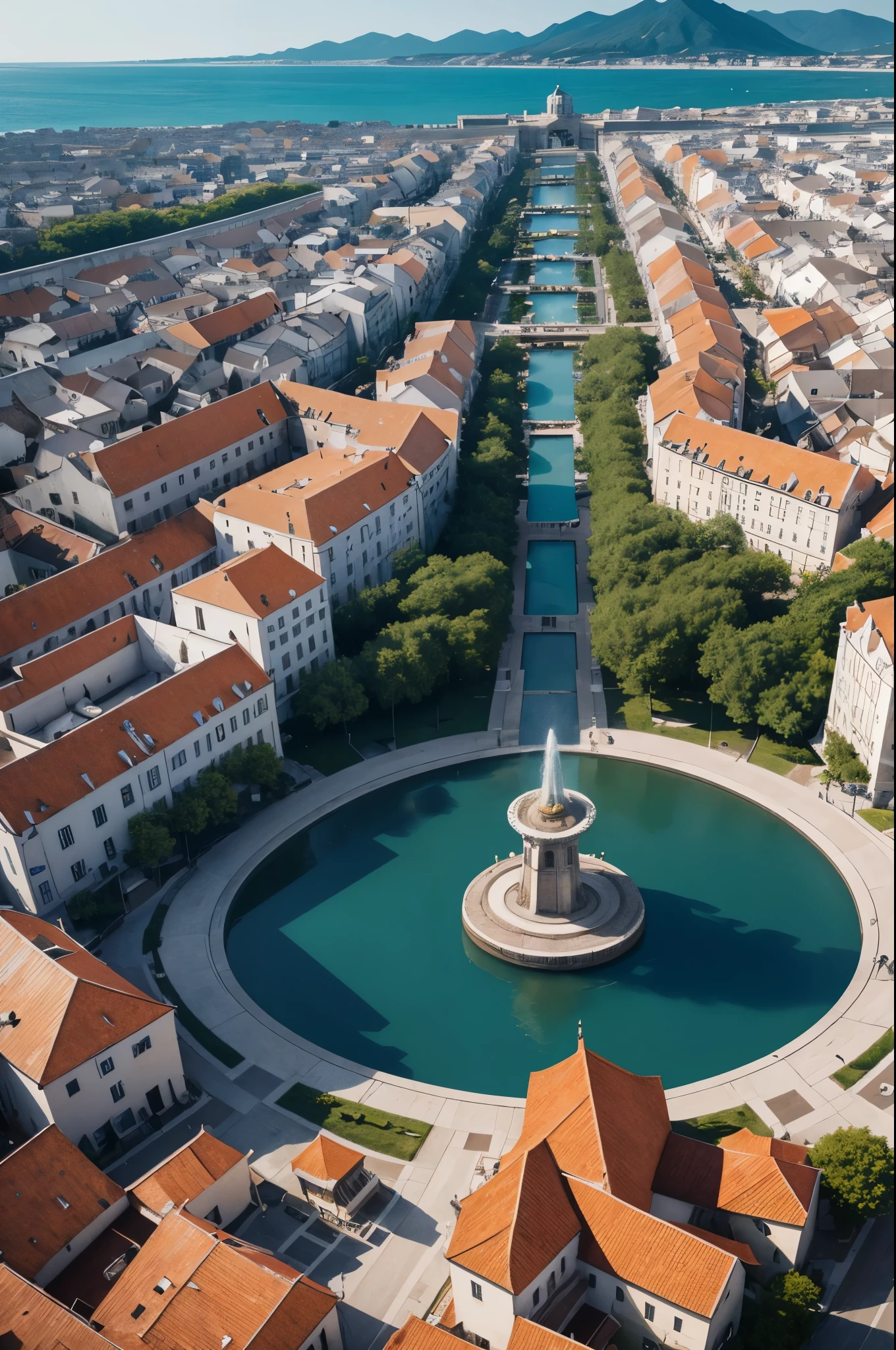 8K,white wallとOrange roofでUniteされた港町,Landscapes of medieval Europe,A large square and fountain in the center of town,masterpiece,Photorealistic RAW photos of the highest quality。bright colors,rich colors, Backlight, cinematic lighting, film grain, to be born, 50MM lens, Nikon D850,fantasy art,ultra high resolution,white wall,Homer,beautiful sea,beautiful expression,landscape photography,Orange roof(Unite),gorgeous fountain in the square,People gathering in a large area々,Panoramic photo seen from the sky,