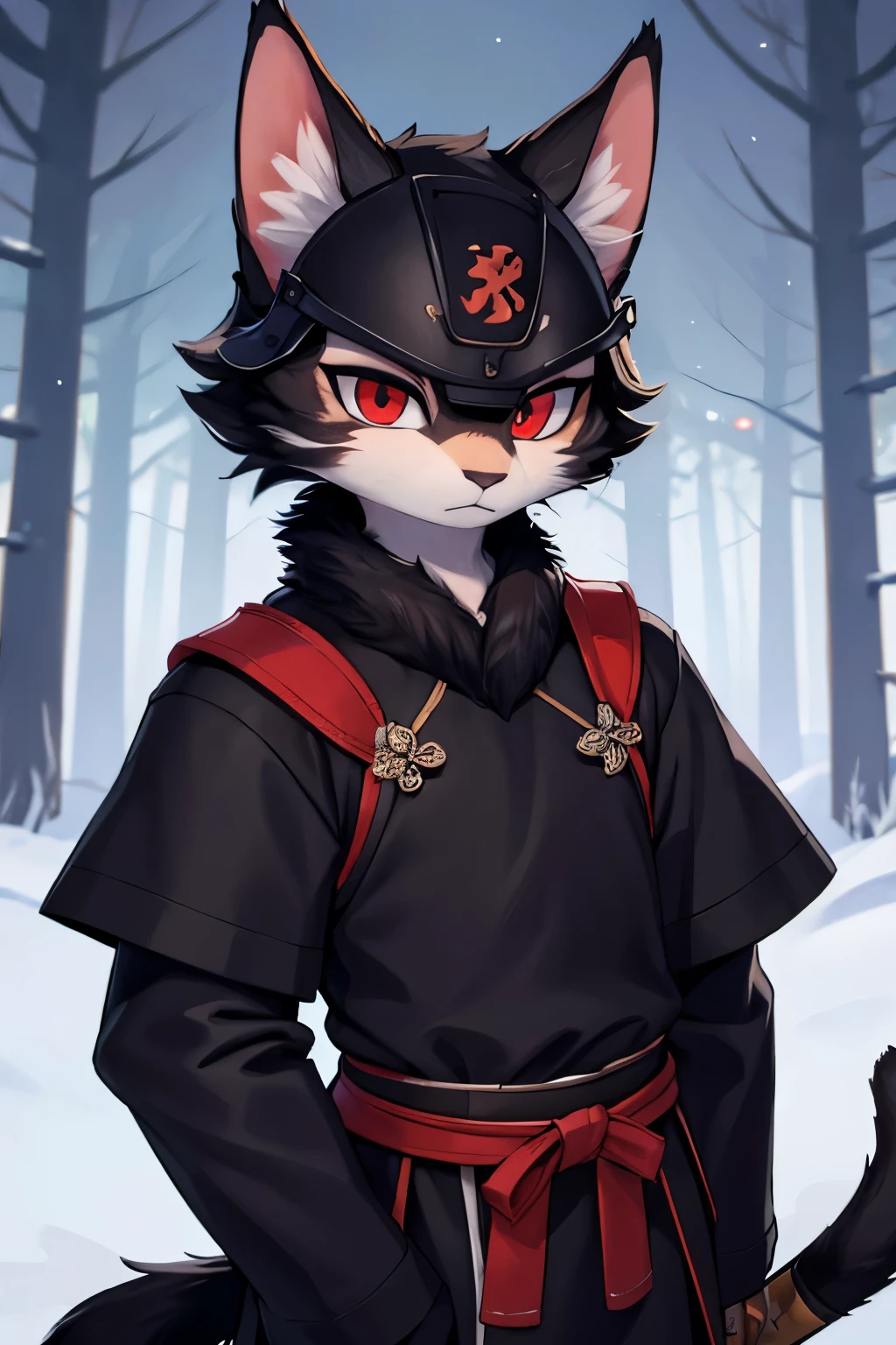 (high-res masterpiece)) , ((best quality)), illustration, furry, cat, animal ears, tail, bodyfur, black fur, 1guy, male, upper body, 1guy solo, adult *//*, red eyes *//*, black full-body Samurai armor, Samurai helmet, looking at down-right, blank expression, serious gaze, holding a katana, night forest in the background