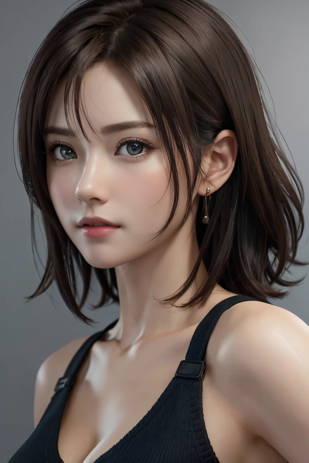 (masutepiece、highest quality、photorealistic、High resolution、photograph、:1.3)、Very close-up shot、sharp focus、30 year old mature woman、small face、no makeup、A well-formed and beautiful face、short hair、dark brown hair、Detailed beautiful eyes、Bust B Cup、exposed cleavage、、cool pose、gray background、