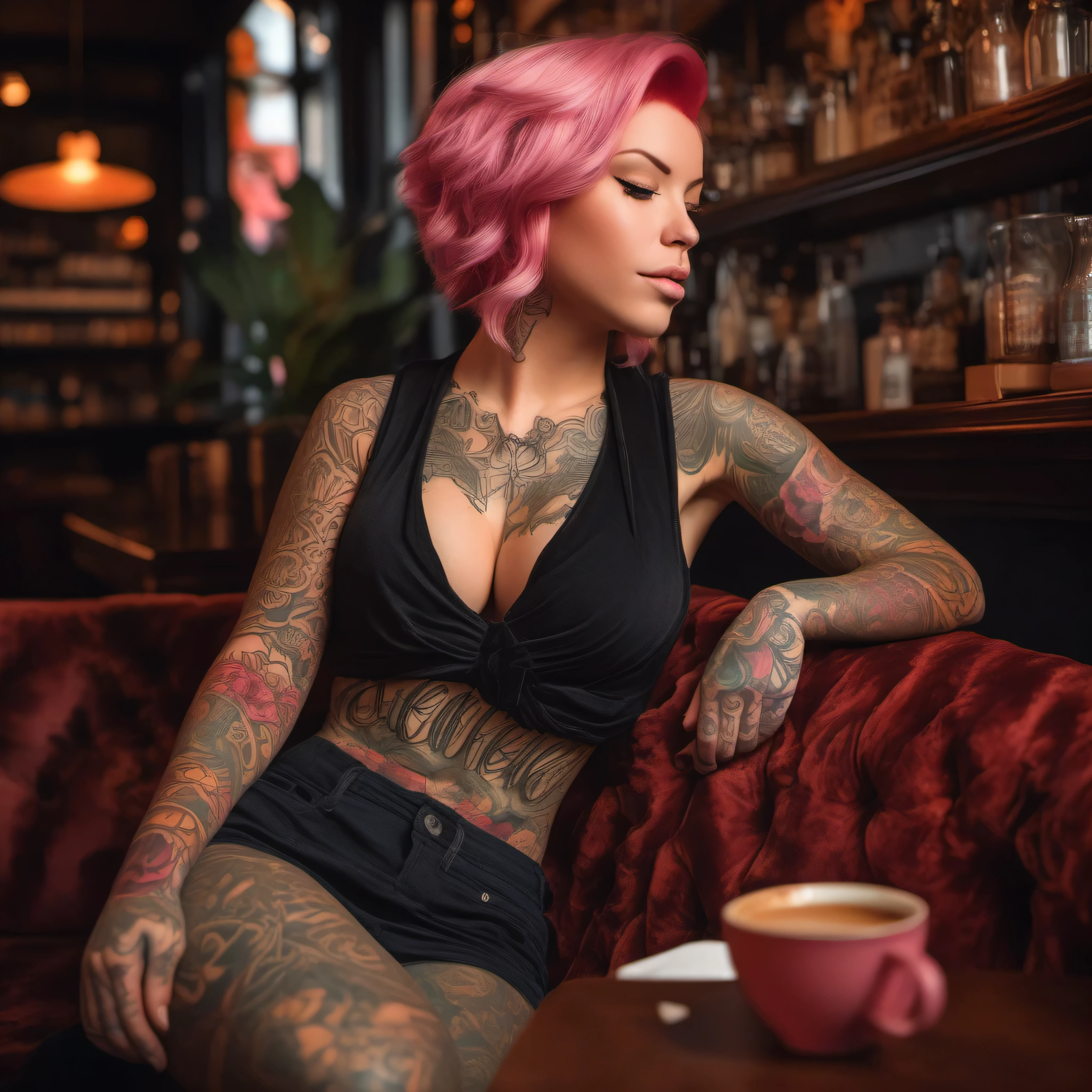 Imagine Laurence Bedard reclining on a plush velvet sofa in a cozy coffee shop, her pink hair framing her captivating features. As she sips her espresso, the sleeve of her full body tattoo peeks out from beneath her croped top, hinting at the intricate designs that adorn her skin. The aroma of freshly ground coffee mixes with the sight of her mesmerizing ink, of the caligraphic style tattoo saying overcome, on her abdomin,