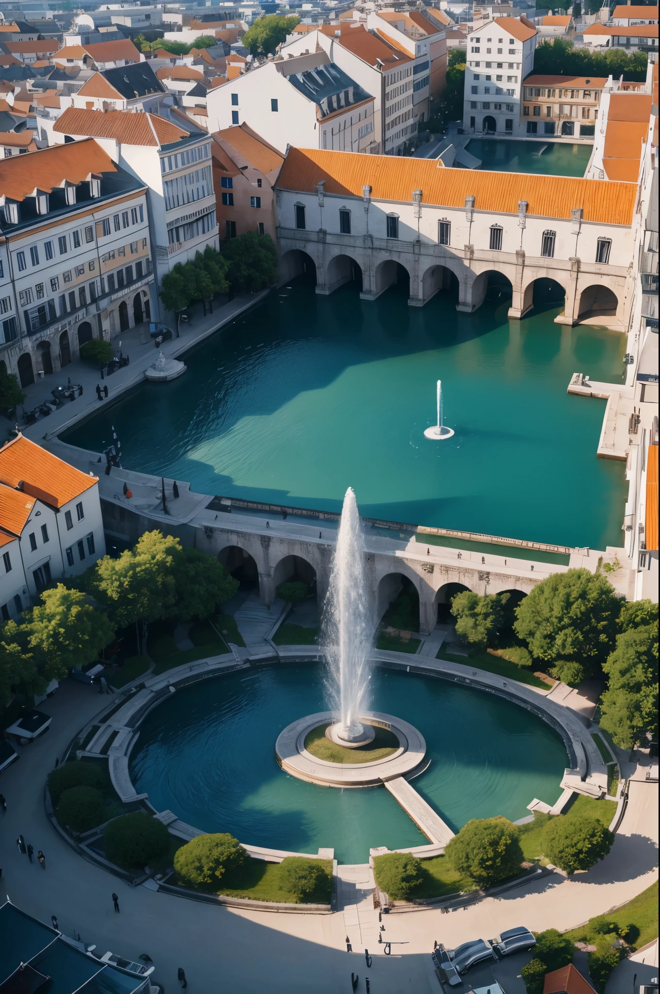 8K,white wallとOrange roofでUniteされた港町,Landscapes of medieval Europe,A large square and fountain in the center of town,masterpiece,Photorealistic RAW photos of the highest quality。bright colors,rich colors, Backlight, cinematic lighting, film grain, to be born, 50MM lens, Nikon D850,fantasy art,ultra high resolution,white wall,Homer,beautiful sea,beautiful expression,landscape photography,Orange roof(Unite),gorgeous fountain in the square,People gathering in a large area々,Panoramic photo seen from the sky,
