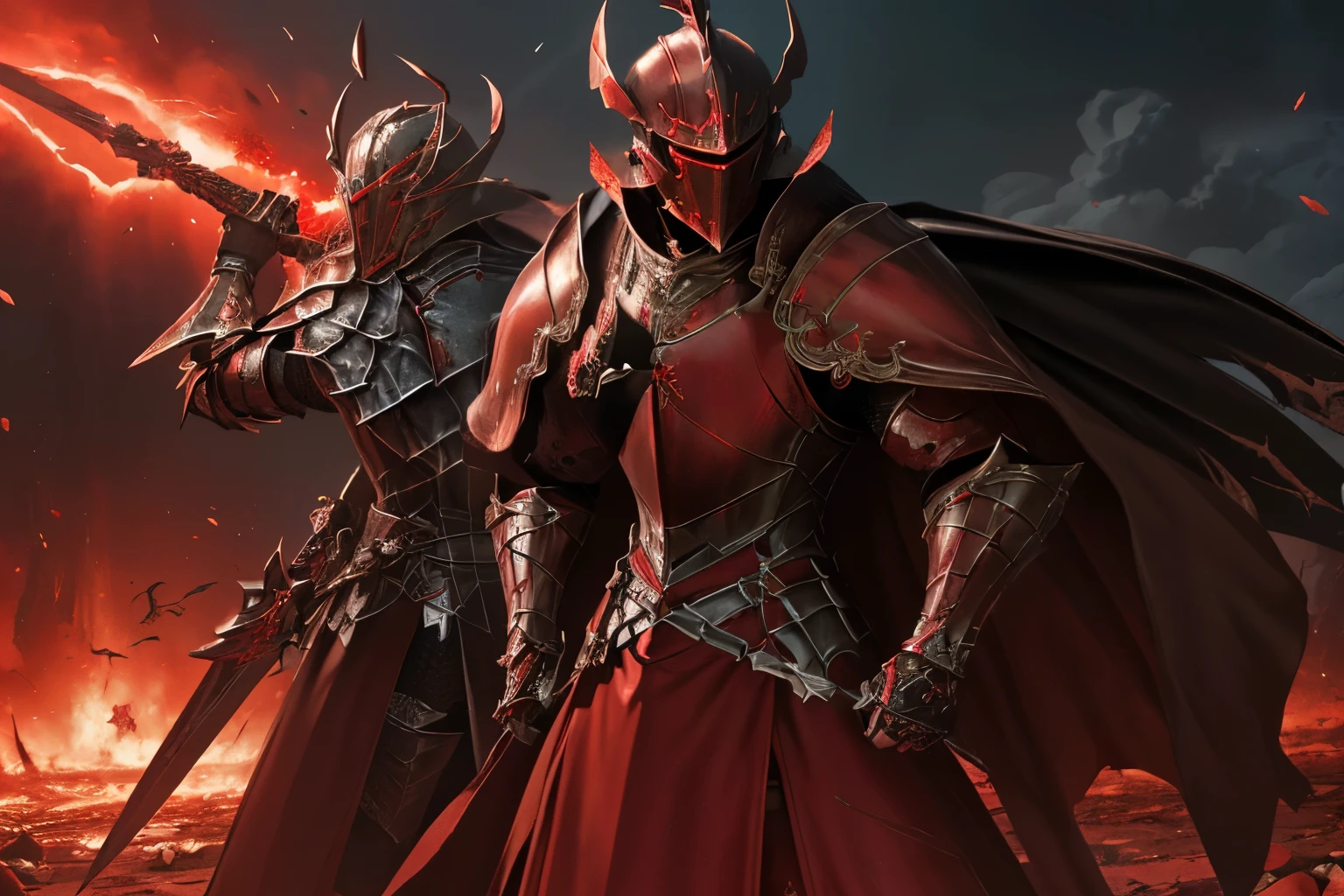 ultra-detailed,highres,masterpiece:1.2),(multiple knights:1.2) in red armors,raising crimson swords,blood scenery,crimson moon, intense battle scene, thunderous strikes, passionate warriors, glimmering armor reflections, menacing atmosphere, epic clash of steel, expressions of determination, flowing crimson cape