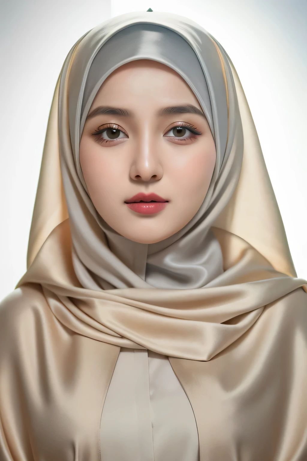 RAW photo of a 24 year old girl wearing hijab, satin abaya, satin, hijab face portrait, neutral background, 8k uhd, dslr, soft lighting, high quality, film grain, Fujifilm XT3, covered dress, decent dress