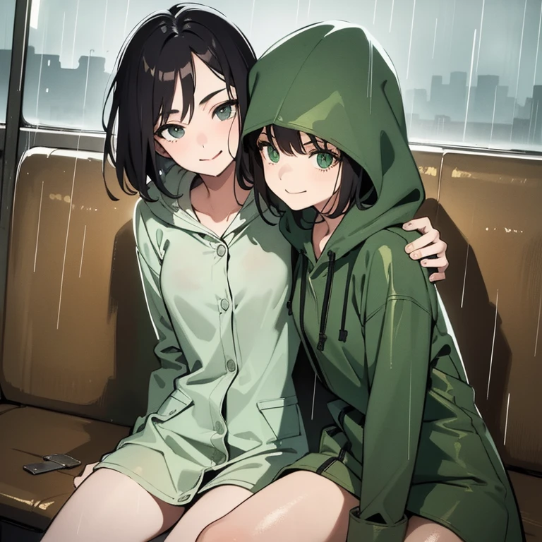 masterpiece, best quality, 2girls, (closeup), 18yo teen, slim, small breast, naked breast, nipple, open green raincoat, goggles on head, sitting, in abandoned train, hugging, lode, smile, heavy rain, downpour, flood, wasteland, grey, desolate, rain, dark, watercolor, 