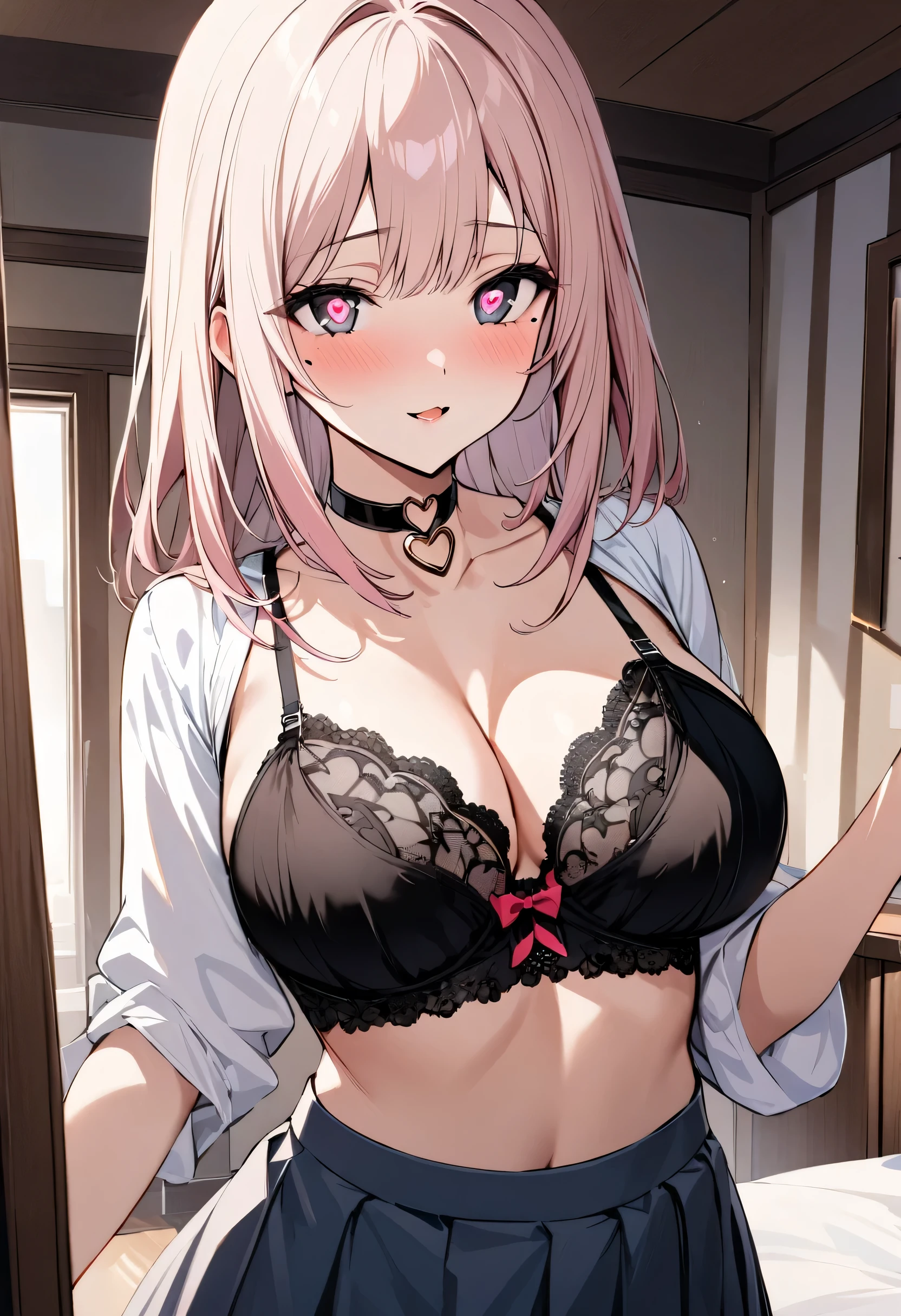 chibi {Girl with shoulder-length pink straight hair named Rico}, school costume,tall,'', (It feels like saying Hello, daytime hours), indoor,{going out style}, ((Heart-shaped choker) ), (bedroom), Bright background, Mole under the eye, Heart-shaped choker, ((Masterpiece)), Highly detailed CG Unity 8k wallpaper), Top quality, One girl, Detailed background, beautifully detailed eyes, heart shaped pupils,hollow eyes, (very delicate and beautiful)), ((beautiful) eyes (detailed description),large breasts,bra,,lace underware,floating heart,brainwashed,