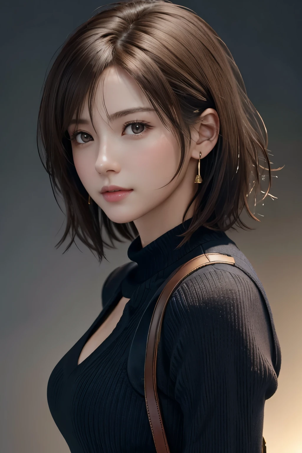 (Representative works: 1.3), (8K, realistic, RAW photo, best image quality: 1.4), (30 year old mature woman),small face, beautiful face, (realistic face),no makeup、natural makeup、light makeup、 (Dark brown, short hair: 1.3), beautiful hairstyle, realistic eyes, detailed and beautiful eyes, (realistic肌), beautiful skin, (sweater),、bust B cup、 confused, charm, 超High resolution, Super realistic, High resolution, golden ratio, ff tifa、gray background、