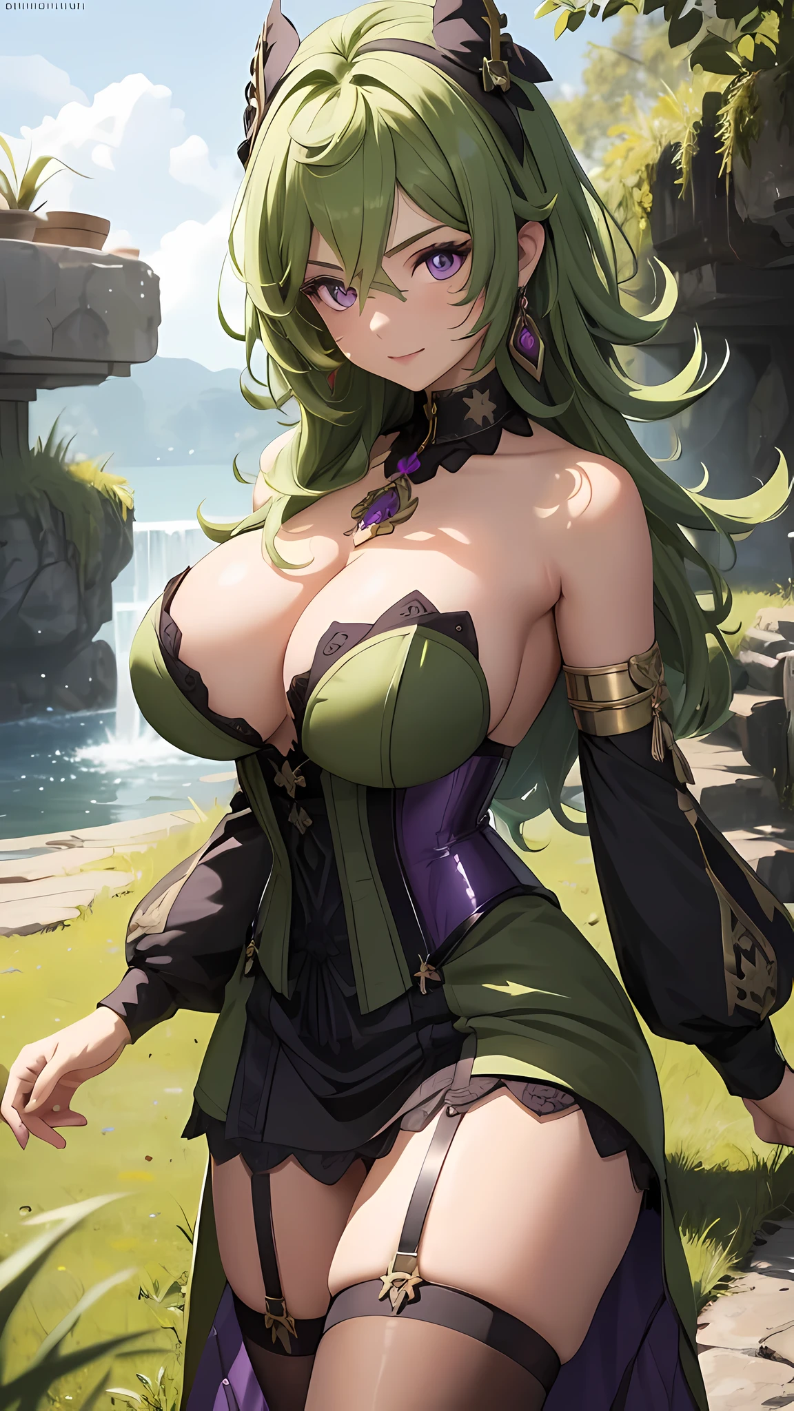 (masterpiece), best quality, expressive eyes, perfect face,((1girl)),(((mature woman))),(green and black corset dress:1.3)),(bare shoulders:1.1),(detached sleeves),(huge breasts:1.3),green hair,crystal amulet,outdoors,garter belt,high heels,middle hair,wavy hair,cleavage,looking at viewer,light smile, eyeshadows, eye liner,glistening eyes, hyper detailed eyes, intricate eyes, beautiful eye, ((glowing purple pupils))、standing,head tilt,standing on one leg,sexy pose,smiles,(face focus)