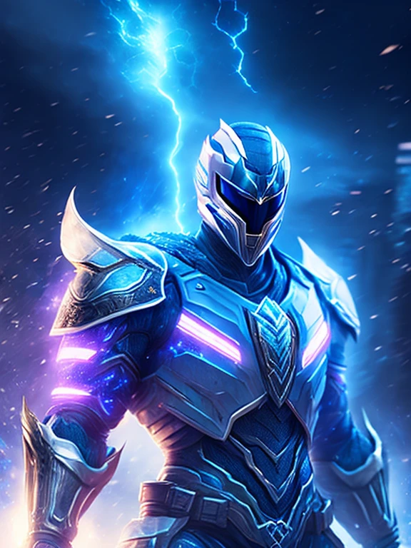 gloomy portrait of White Ranger Horseman of the Apocalypse from Power Rangers, extremely detailed, futuristic cityscape, nighttime, glowing neon lights, smoke, sparks, metal shavings, flying debris, blue energy effects, volumetric light