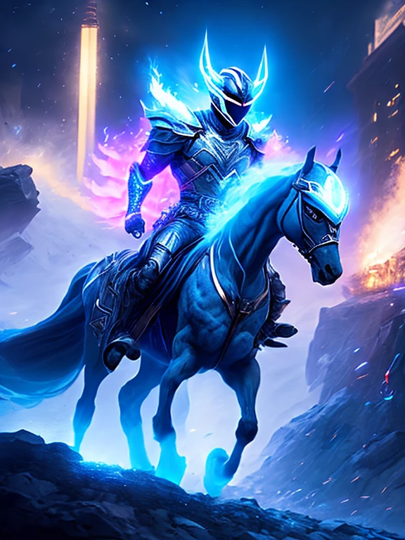 gloomy portrait of White Ranger Horseman of the Apocalypse from Power Rangers, extremely detailed, futuristic cityscape, nighttime, glowing neon lights, smoke, sparks, metal shavings, flying debris, blue energy effects, volumetric light