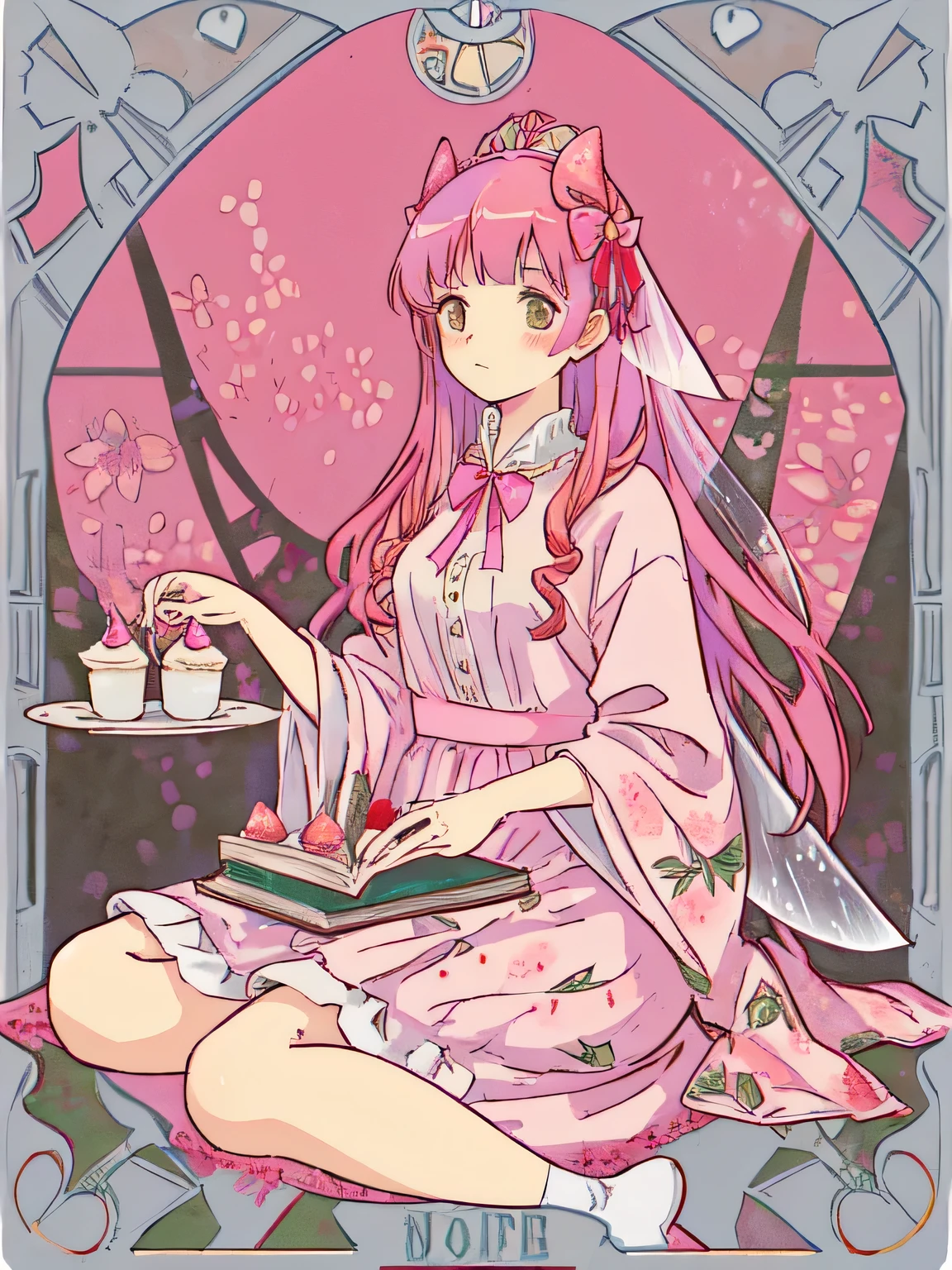 1girl sitting on the floor with a book and a plate of cupcakes, floral clothes, 🎀 🧟 🍓 🧚, cottagecore hippie, lofi girl aesthetic, dressed 🎀 🗡 🍓 🧚,vintage aesthetic, anime style, cute colors, tarot card