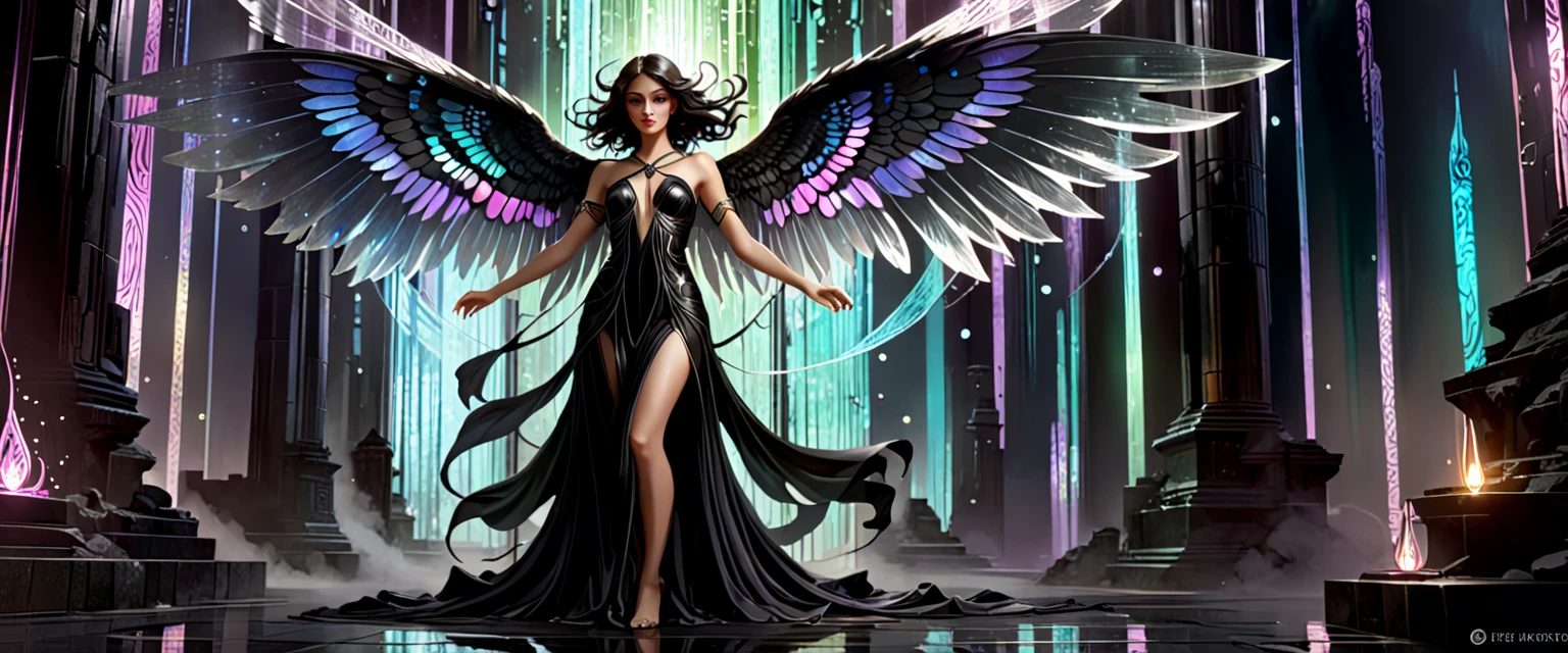 (((Echoes of the fallen: Faye's Odyssey))), (((masterpiece))), (((best quality))), ((ultra-detailed)),(highly detailed CG illustration), ((an extremely delicate and beautiful)),dramatic light, Create a stunning urban fantasy artwork that mimics the style of currently trending masters of the genre. The art piece should contain elements of both mystery and urban fantasy with dreamy rainbow accents. ((Utilizes the black as the main color scheme.)) The character in the artwork is a delicate but strong figure with an aura of mystery and fantasy and (beautiful translucent black-white wings). Pay close attention to intricate facial features, such as mesmerizing eyes with dark brown colors and bold shading. The character's clothing should be a gloomy, slim female fallen angel in a black robe with intricate and subtle iridescent details. Incorporate (((luminous glowing lights))), nightmarish colors, dynamic lighting, and detailed background elements to create a sense of awe and immersion. Include shadowy flying angel figures and native crystalline carbon that is the hardest known mineral, that is usually nearly colorless, that when transparent and free from flaws is highly valued as a precious stone, and that is used industrially especially as an abrasive, (also:a piece of this substance), radiating a dark aura. Consider the latest trends in urban fantasy art, such as incorporating unique lighting effects, exploring dynamic and compelling composition techniques, and experimenting with unique dark color palettes. Take inspiration from the top artists on ArtStation and Midjourney. Camera: Choose an angle that highlights the character's beauty and enhances the mystical fantasy of the artwork. Lighting: Utilize dark atmospheric techniques to create depth and mood. Resolution: Aim for a high-resolution artwork to showcase intricate details and clarity. Art Inspirations: Seek inspiration from the trending artists on ArtStation, exploring different styles, genres, and themes.