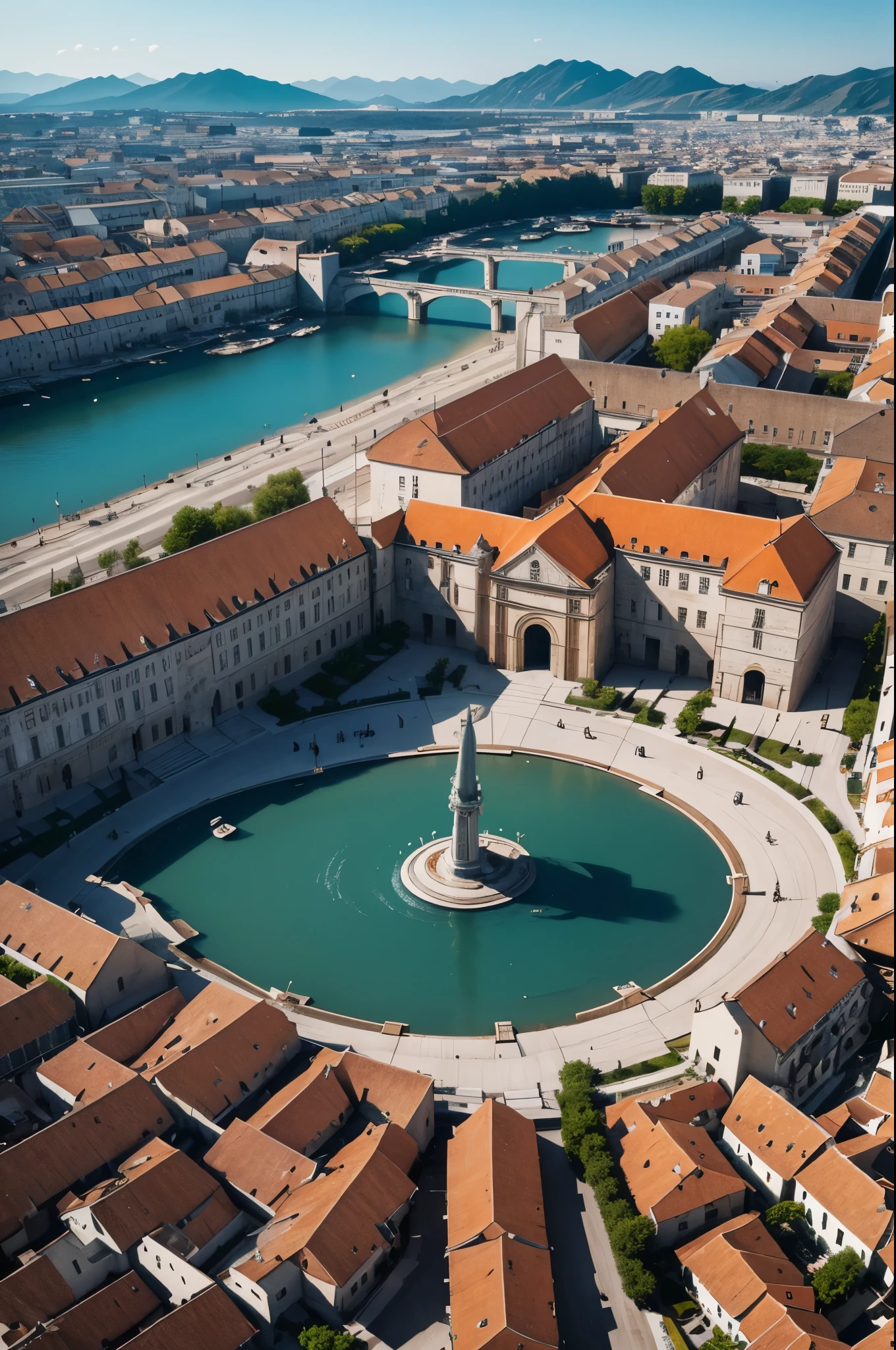 8K,white wallとOrange roofでUniteされた港町,Landscapes of medieval Europe,A large square and fountain in the center of town,masterpiece,Photorealistic RAW photos of the highest quality。bright colors,rich colors, Backlight, cinematic lighting, film grain, to be born, 50MM lens, Nikon D850,fantasy art,ultra high resolution,white wall,Homer,beautiful sea,beautiful expression,landscape photography,Orange roof(Unite),fountain in the square,People gathering in a large area々,Panoramic photo seen from the sky,
