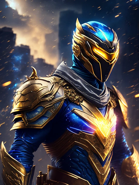 gloomy portrait of Gold Ranger Horseman of the Apocalypse from Power Rangers, extremely detailed, futuristic cityscape, nighttime, glowing neon lights, smoke, sparks, metal shavings, flying debris, blue energy effects, volumetric light