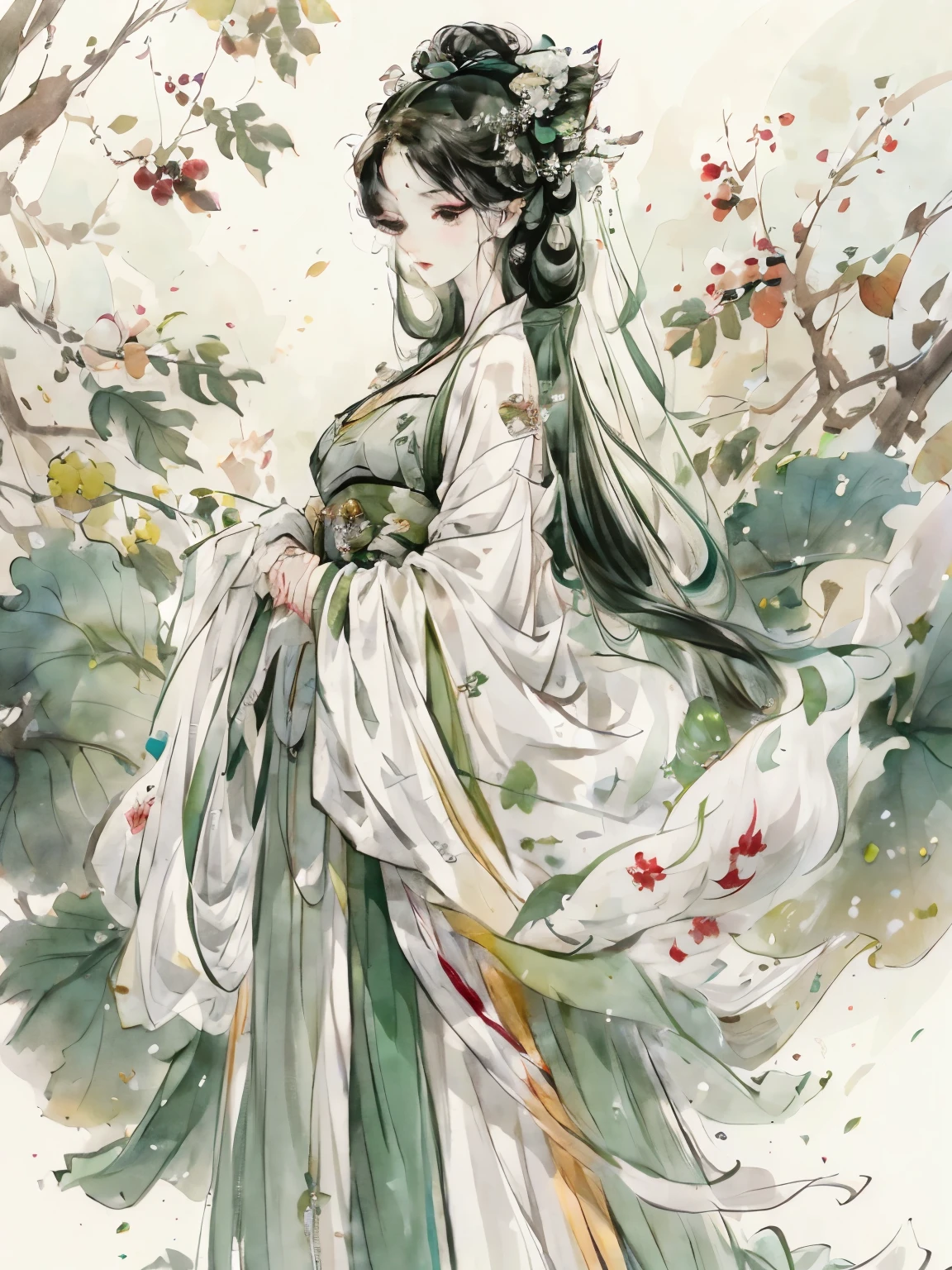 A woman in her twenties，Wearing white and green Hanfu，There is a green hairpin on the head，Standing in front of green grape vines，adult women，lower your head，Looking into the distance，ink style，watercolor，full body portrait，Full body female love，full body woman，adult women