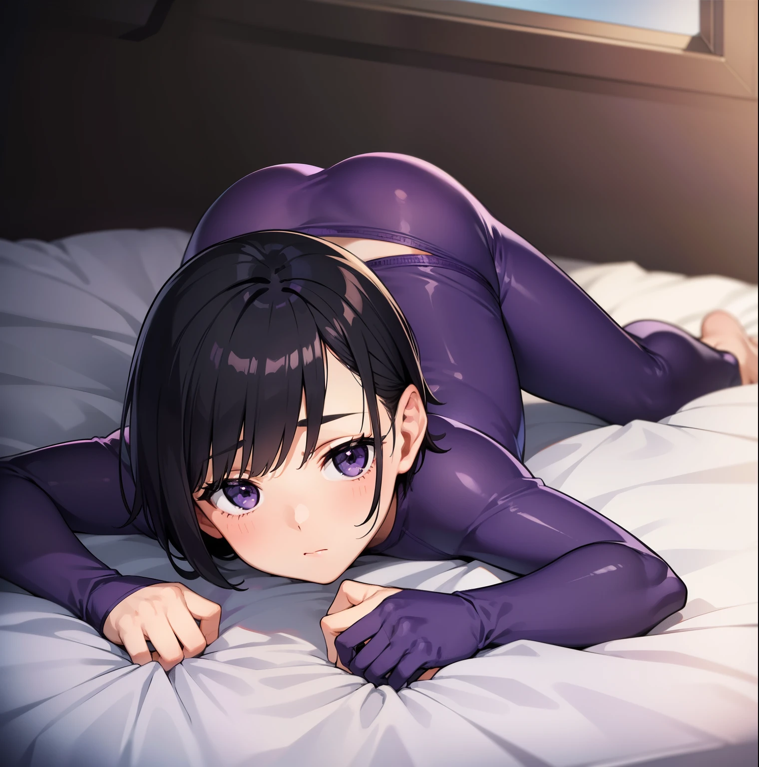 face down,Bed,((Purple tight suit)),barefoot,bare hands,boyish,short hair,black hair,