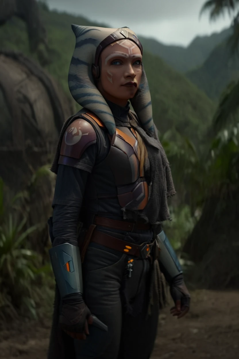cinematic film stillahsoka tano wearing sabine wren armor at a lost city hidden deep within a dense jungle, full body shot, (scowl) . shallow depth of field, vignette, highly detailed, high budget Hollywood movie by quentin tarantino, bokeh, cinemascope, moody, epic, gorgeous, film grain, grainy