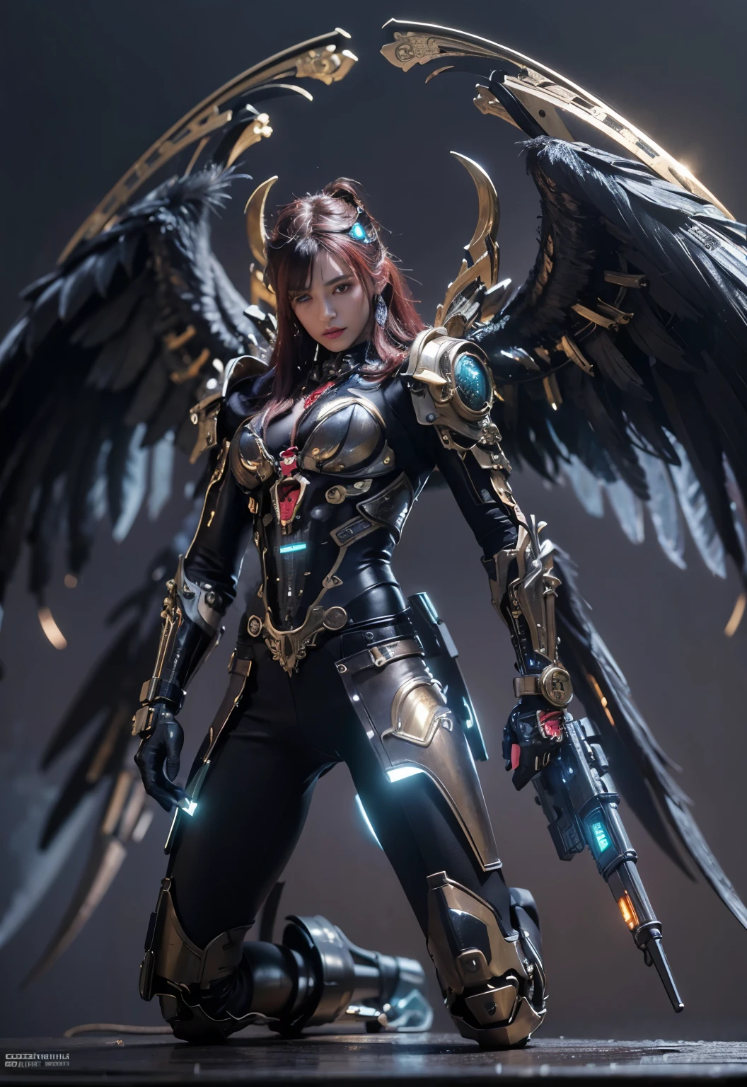 (top-quality:1.2, masterpiece)、ultra high resolution、extremely ultra surrealism, (Photorealsitic:1.4)、Raw photo、Steampunk Battle Cyborg fallen angel、large wings made of metal、black porcelain body、red hair、glowy skin、1 Cyborg boy、japanese, extremely handsome face, ((super realistic details))、portrait、globalillumination、Shadow、octan render、8K、ultrasharp、character edge light、Details of complex ornaments、Acrylic Clear Cover、Sumerian details、Ultra-realistic and precise machine details, Hydraulic cylinder、Small LED lamp、highly intricate detail、Realistic light、a purple eye、radiant eyes、Facing the camera、neon details、cowboy shot、Futuristic headgear、About Cyberpunk