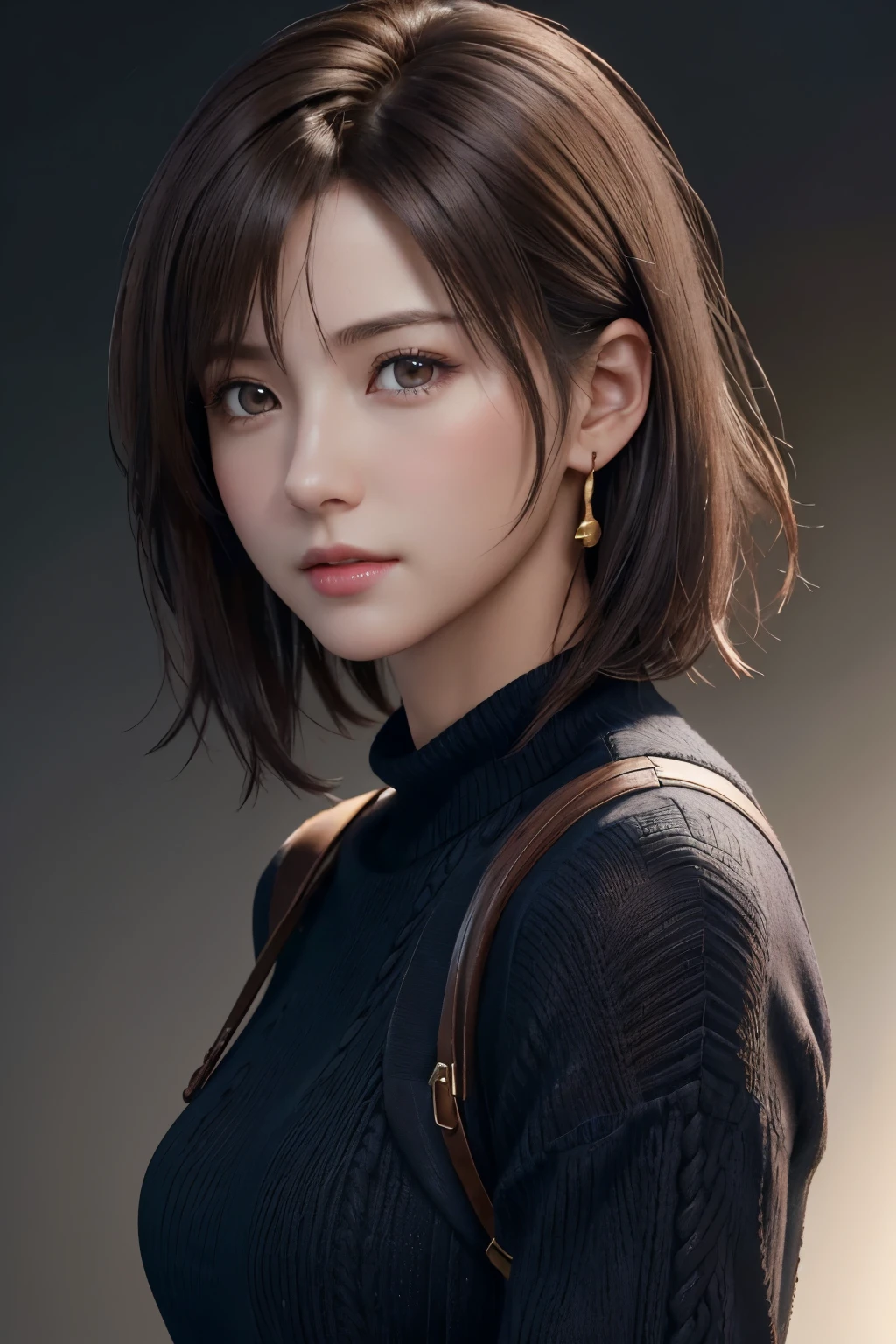 (Representative works: 1.3), (8K, realistic, RAW photo, best image quality: 1.4), (30 year old mature woman),small face, beautiful face, (realistic face),no makeup、natural makeup、light makeup、 (Dark brown, short hair: 1.3), beautiful hairstyle, realistic eyes, detailed and beautiful eyes, (realistic肌), beautiful skin, (sweater),、Bust A cup、 confused, charm, 超High resolution, Super realistic, High resolution, golden ratio, ff tifa、gray background、