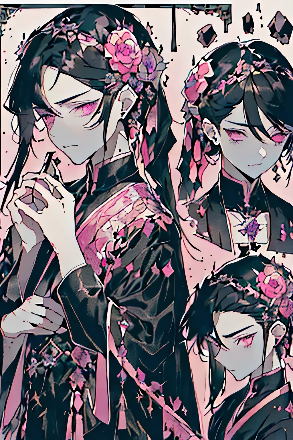 ((The ruined city is full of ruins.)),(After the war),((The vast landscape is full of graves.)),(The boy wore tattered clothes like a slave.),((dark hair)),(lifeless eyes),((Kneel on one side of the floor.)),((He looked up and stared at me.)),(Mouth slightly open),((green eyes)),((world of darkness)),((black,gray,light)),((The hair accessory was decorated with many dark pink gems.)),((holding flowers in hand)),((Diagram from below)),(Sharp eye light),(((adult male))),(Half body
