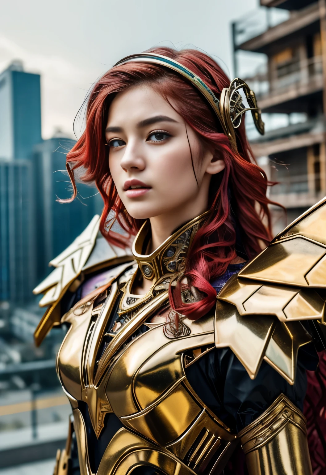(top-quality:1.2, masterpiece)、ultra high resolution、extremely ultra surrealism, (Photorealsitic:1.4)、Raw photo、Steampunk Battle Cyborg fallen angel、large wings made of metal、black porcelain body、red hair、glowy skin、1 Cyborg boy、japanese, extremely handsome face, ((super realistic details))、portrait、globalillumination、Shadow、octan render、8K、ultrasharp、character edge light、Details of complex ornaments、Acrylic Clear Cover、Sumerian details、Ultra-realistic and precise machine details, Hydraulic cylinder、Small LED lamp、highly intricate detail、Realistic light、a purple eye、radiant eyes、Facing the camera、neon details、cowboy shot、Futuristic headgear、About Cyberpunk