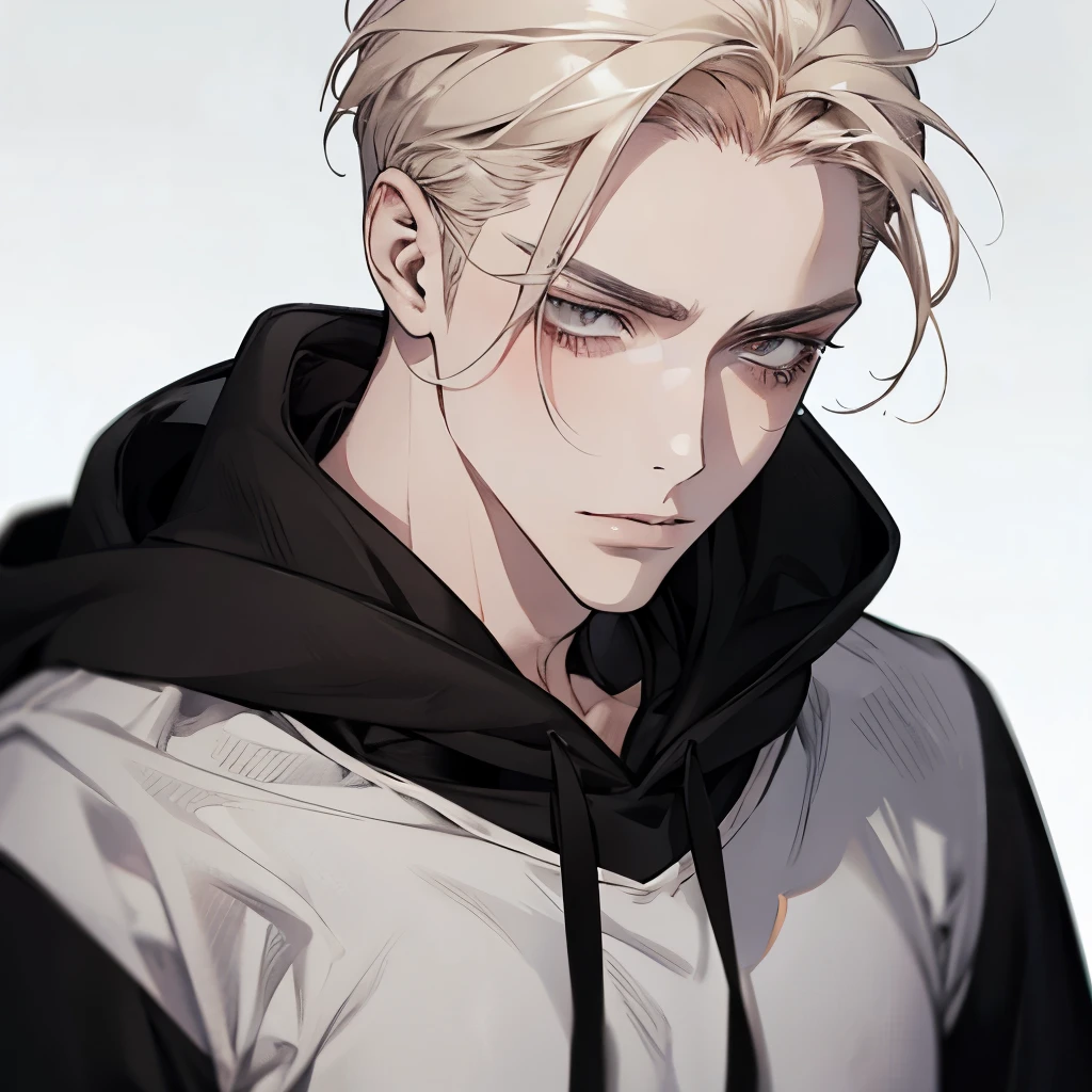 Blonde guy, gray eyes, glaring, white background, manly, black hoodie, hair slicked back, pale, pastel colors