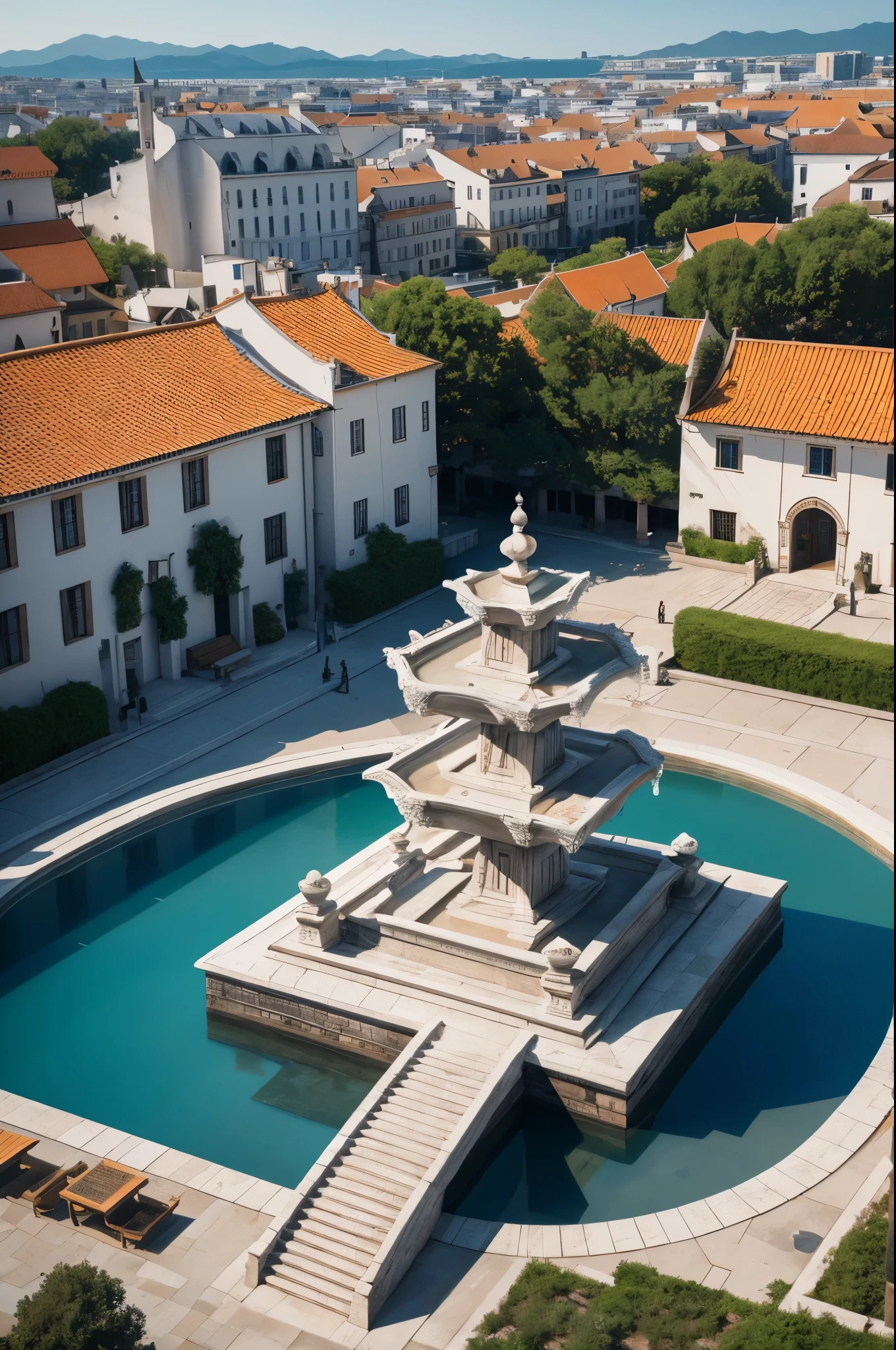 8K,white wallとOrange roofでUniteされた港町,Landscapes of medieval Europe,A large square and a small fountain in the center of town,masterpiece,Photorealistic RAW photos of the highest quality。bright colors,rich colors, Backlight, cinematic lighting, film grain, to be born, 50MM lens, Nikon D850,fantasy art,ultra high resolution,white wall,Homer,beautiful sea,beautiful expression,landscape photography,Orange roof(Unite),small fountain in the square,People gathering in a large area々,Panoramic photo seen from the sky,A small fountain in a large square,