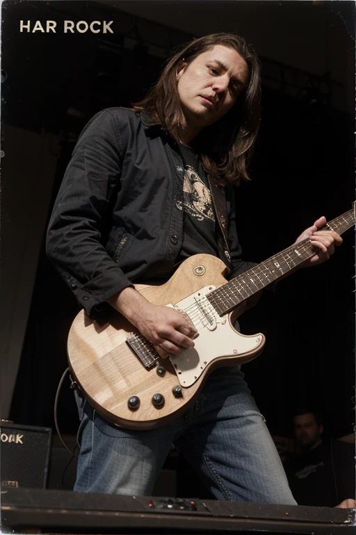 Dark old-style hard rock album cover with a man on stage looking down and playing a guitar