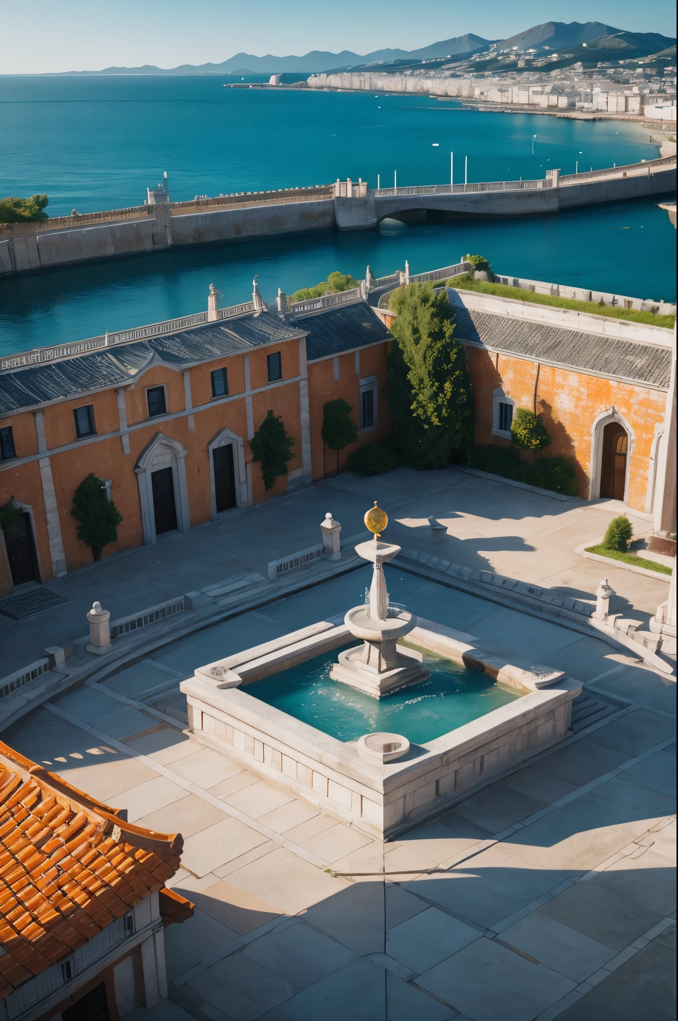 low angle shot of a hotel, Delfino_Plaza, palm trees, statue of the mayor, small fountain, dusk, twilight sky, moody ambience,
realistically detailed, HDR, <lora:Delfino_Plaza_v1:.8>