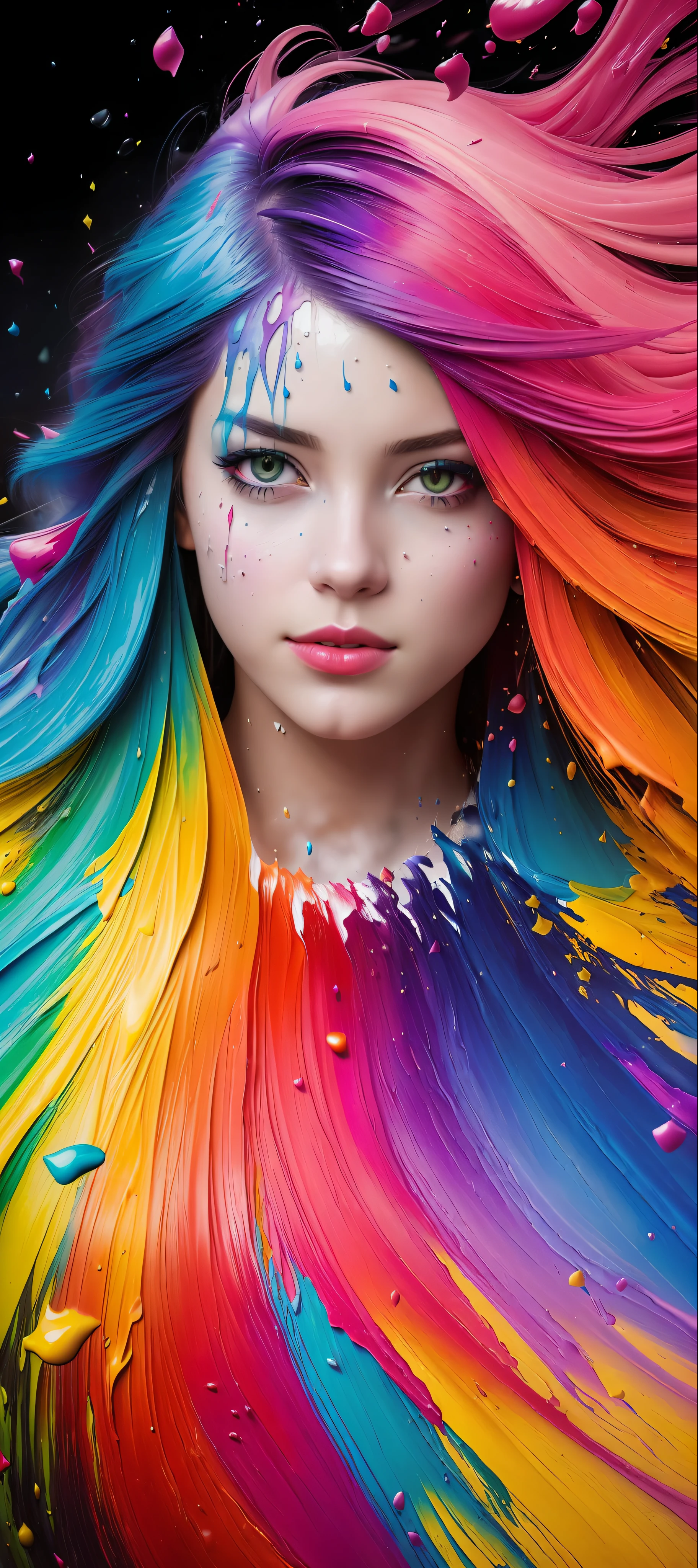 (level difference:1.8),(Paint colliding and splashing on the canvas),(depth of field),1girl's side face blends into it,((side face)),open mouth,(liquid paint rainbow hair:1.1) made of paint and defies gravity,thick flowing,(paint splatter:1.3),Liquid state,stunningly beautiful, masterpiece, detailed background,ultra high quality model, ethereal background,abstract beauty, explosive volumetric, oil painting,heavy strokes,Romantic lighting,Sub-Surface Scatterring,lens 135mm,f1.8,glow,8k,high resolution, dreamy,ray tracing,hdr,god rays,