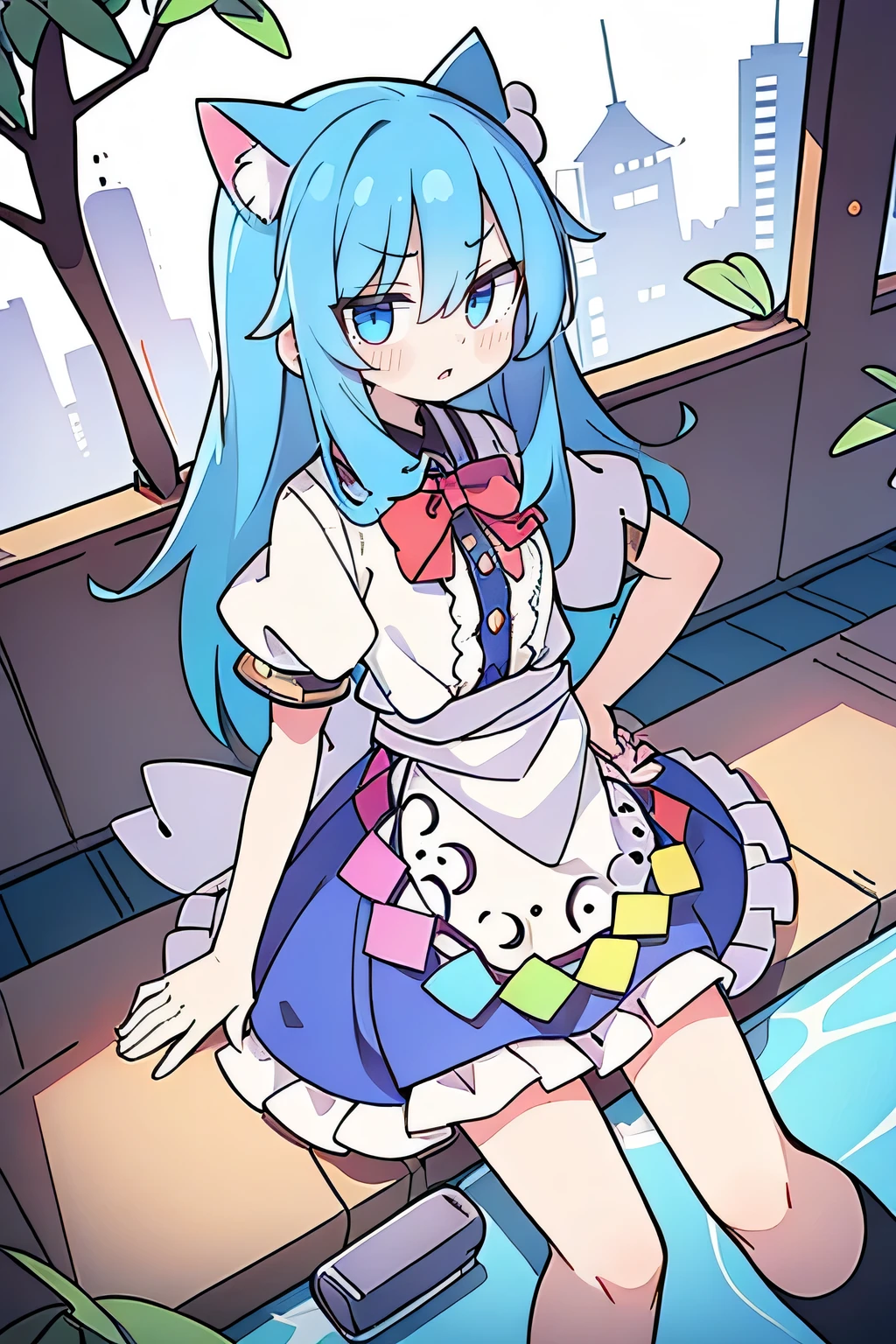 (masterpiece),best quality, expressive eyes, perfect face, 1girl,
Put your hands on your waist,fair, Gorgeous,Japanese cartoons,girl,lola,Hina Angel, blue hair, blue haired, floating clothes,Grab your waist, Grab your waist, hands on hips , hands on hips,sit, sit on ground, Legs on the ground, flat chest,cat ears,