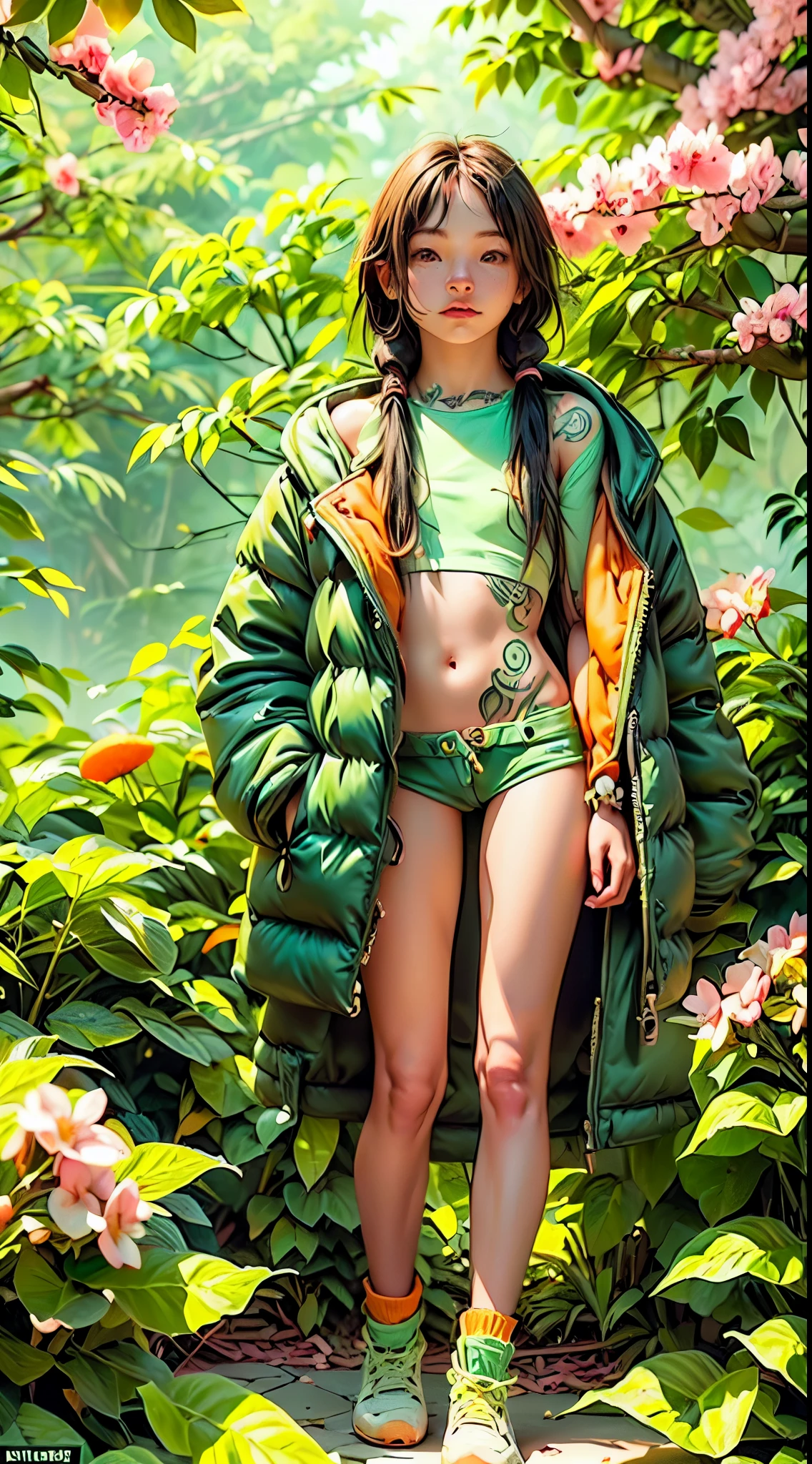 (1 girl). (green:1.5, orange:1.1, white:1.3, yellow:1.3), (very sexy female rapper with dreadlocks), (tattoos), (naked body parts), (down jacket: 1,2), (Naked jacket, thong, shorts, short T-shirt). (fractal, cherry blossoms, green leaves, fog, circles background).
