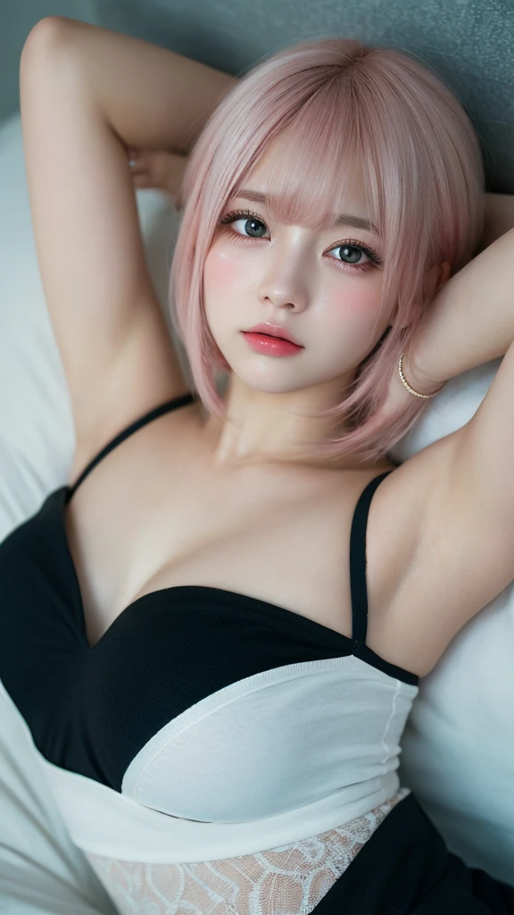 (bottomless :1.8),(nude :1.3), show off nipple,Tabletop, highest quality, figure, Super detailed, In detail, High resolution, In 8K,wallpaper, Perfect dynamic composition, Beautiful fine details, Black Tank Top,Short Bob Hair、Pink Hair Color,Big Natural Color Lip, Bold sexy pose,Expressionless、Cold Stare,Harajuku、20-year-old girl、cute、sexy shot looking at camera、In a dark room、Sleeping in bed