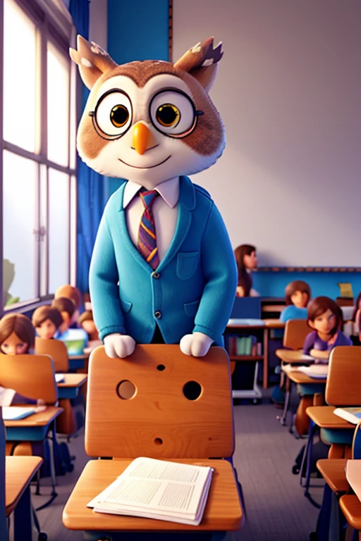 animals in a classroom sat on desks, owl teacher in front of the class