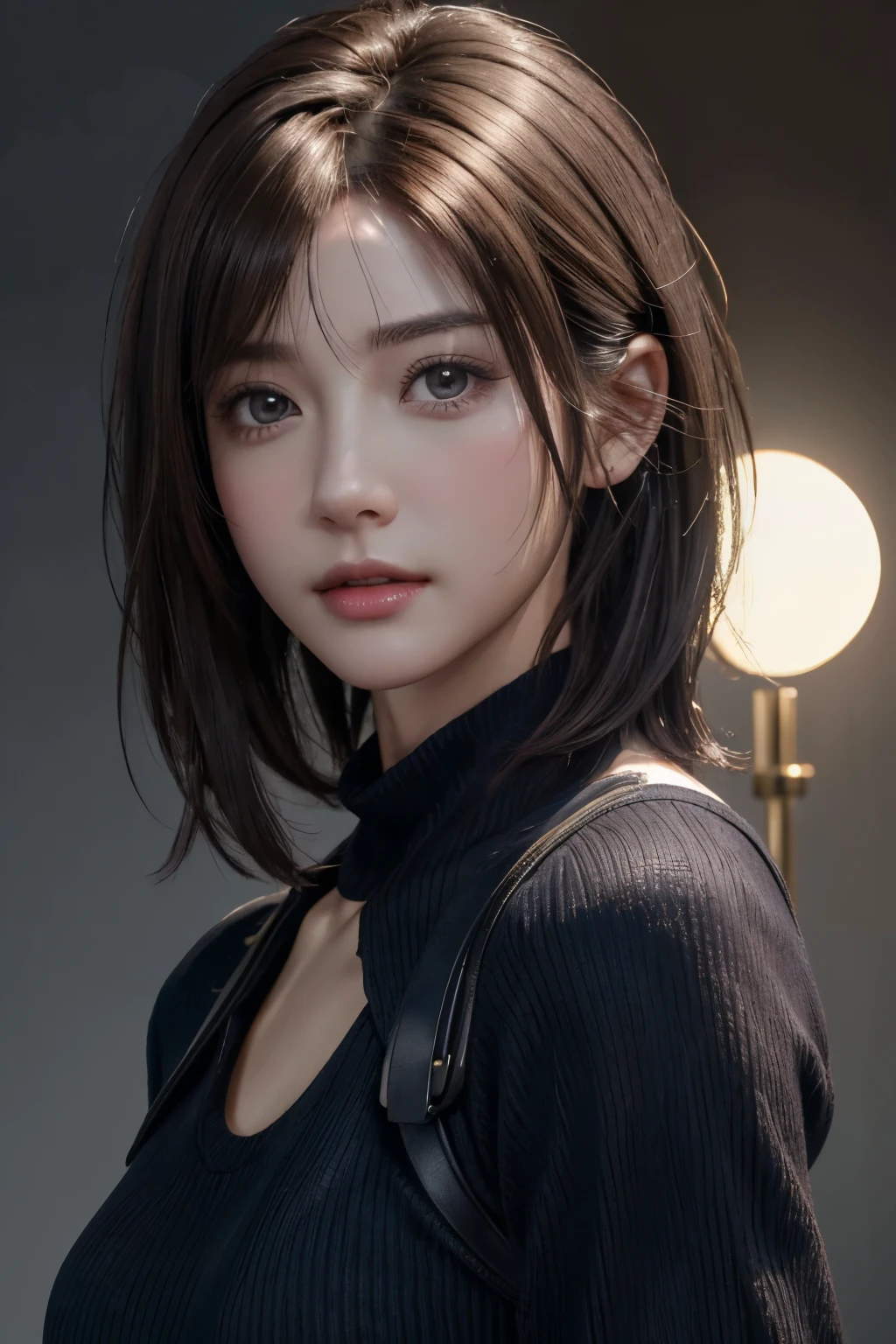 (Representative works: 1.3), (8K, realistic, RAW photo, best image quality: 1.4), (30 year old mature woman),small face, beautiful face, (realistic face),no makeup、natural makeup、light makeup、 (Dark brown, short hair: 1.3), beautiful hairstyle, realistic eyes, detailed and beautiful eyes, (realistic肌), beautiful skin, (sweater),、Bust A cup、 confused, charm, 超High resolution, Super realistic, High resolution, golden ratio, ff tifa、gray background、