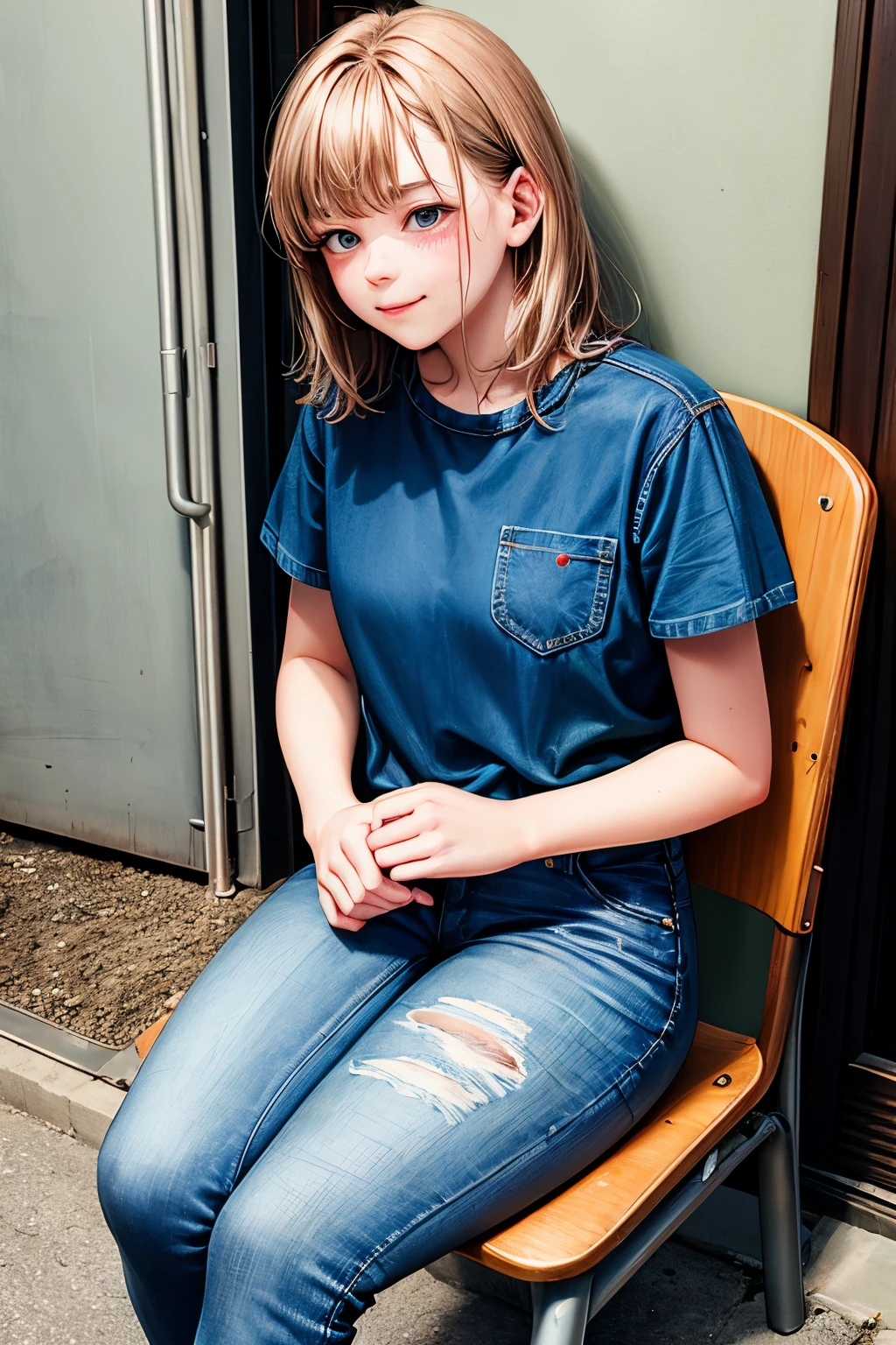 (low quality, humorous:1.0), 1 girl, embarrassing moment, girl letting out a fart, unexpected emission, pale face, sitting on chair, denim jeans, hand covering mouth, red cheeks, surprisedexpression, solo, hidden background, awkward situation, casual outfit, embarrassed smile, quiet room, no detail description, no additional elements.