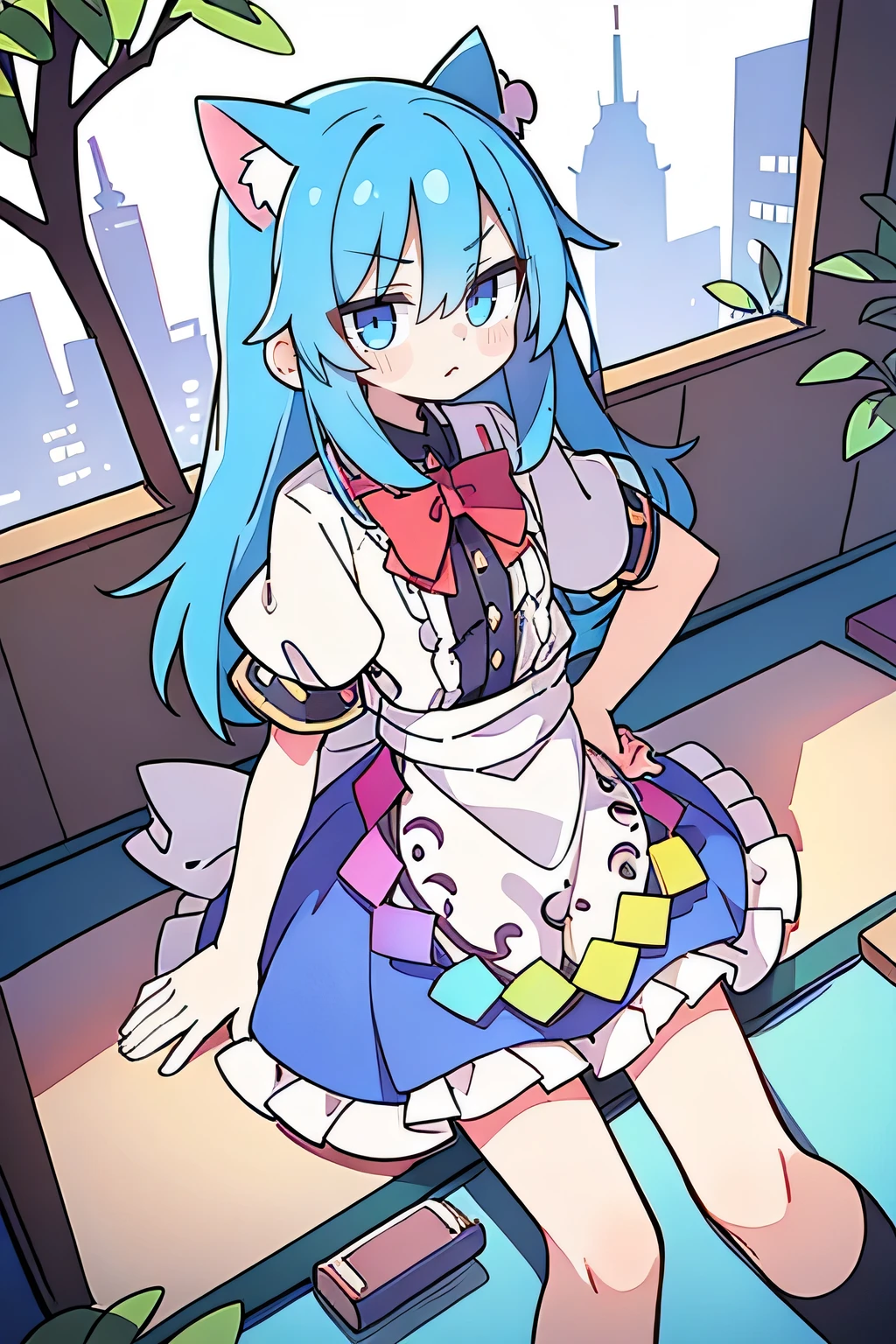 (masterpiece),best quality, expressive eyes, perfect face, 1girl,
Put your hands on your waist,fair, Gorgeous,Japanese cartoons,girl,lola,Hina Angel, blue hair, blue haired, floating clothes,Grab your waist, Grab your waist, hands on hips , hands on hips,sit, sit on ground, Legs on the ground, flat chest,cat ears,