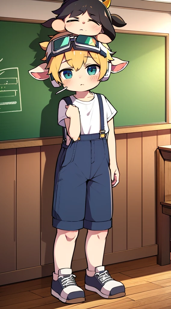 2D boy Shota,overalls shorts,Put the headphones on your head,standing,goggles,horns,cow ears,sports shoes,classroom,