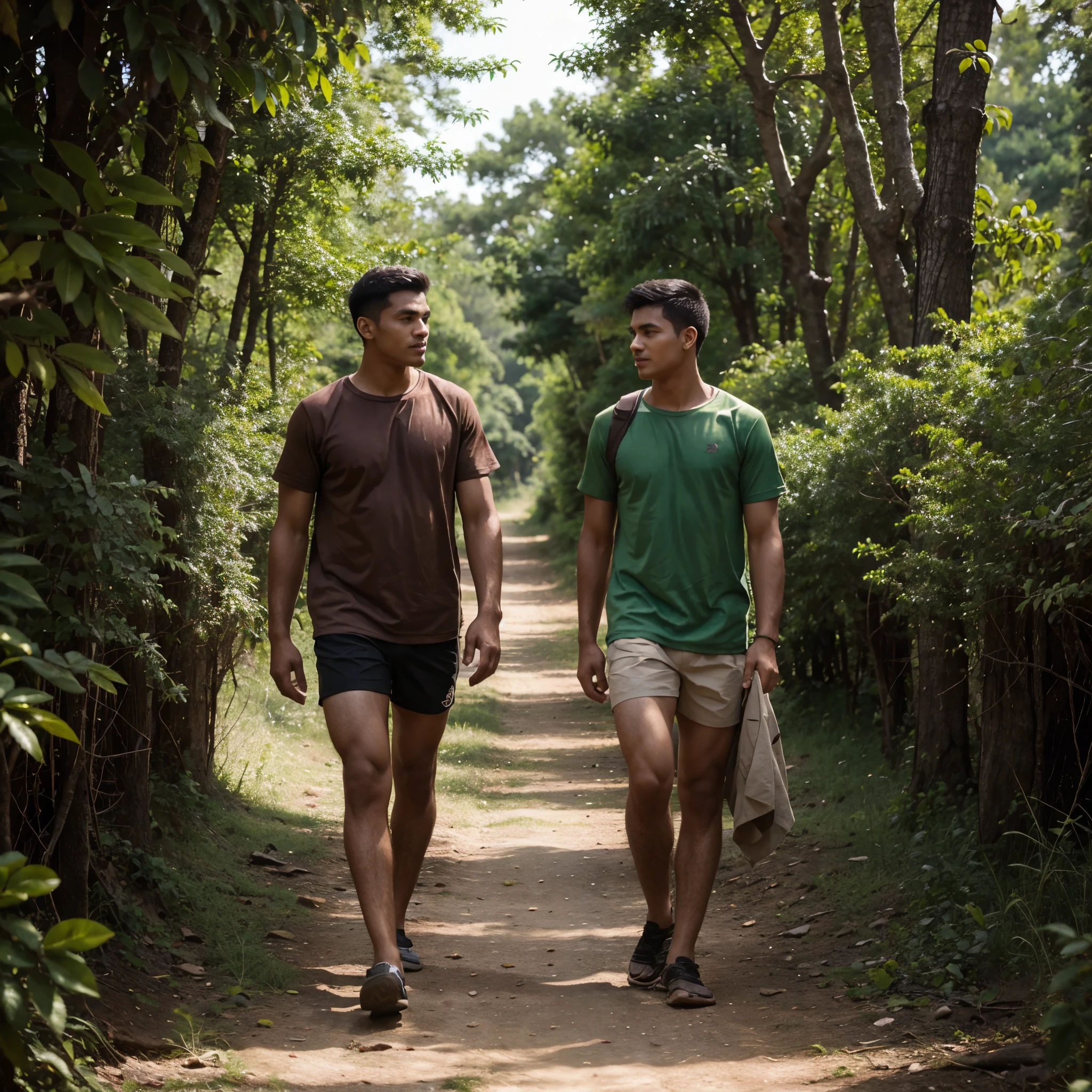 Two male friends going forest to village