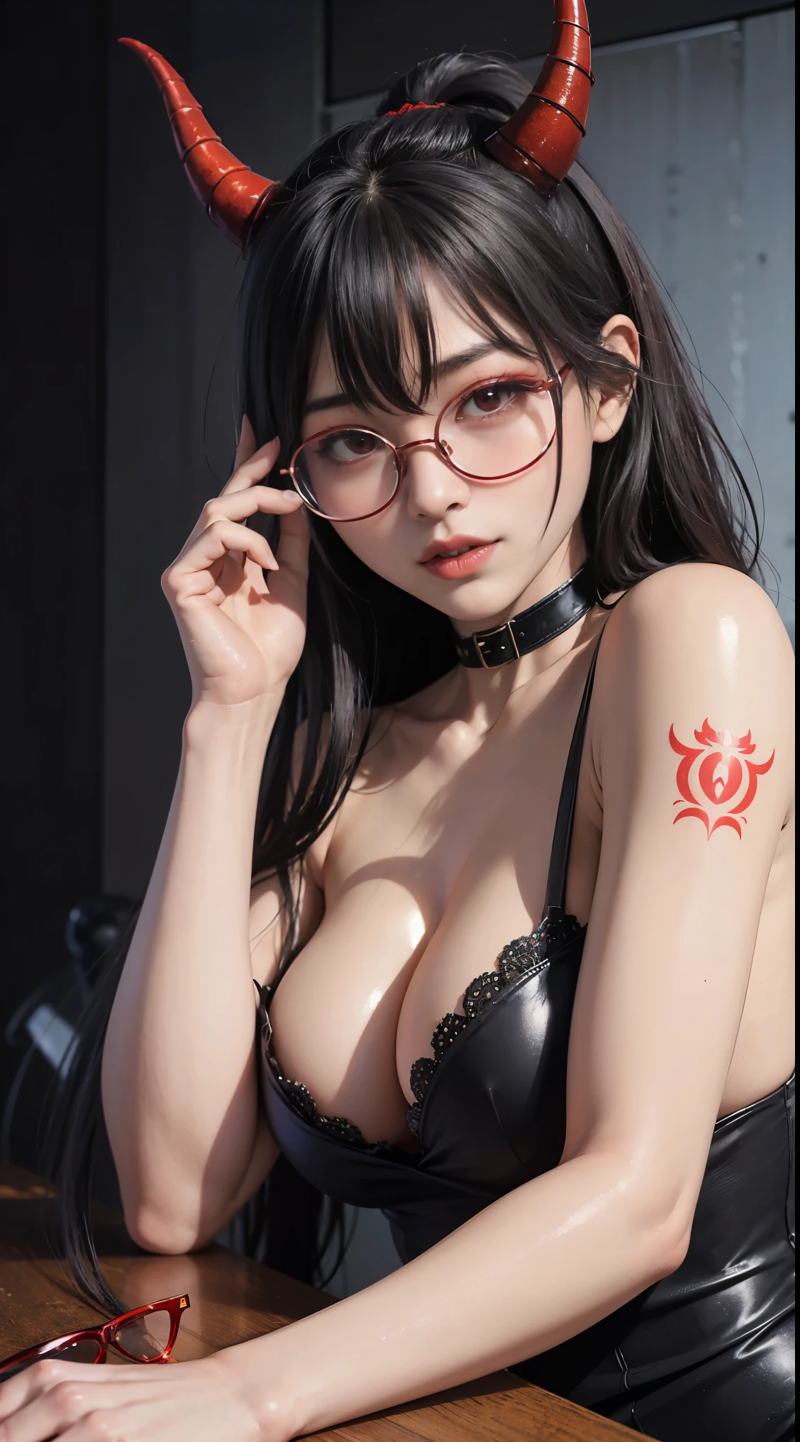 Are you okayですか、(best illustration)、8k UHD resolution、intricate details、highest quality、realistic、Super detailed、best writing、best shadow、soft lighting、ultra hd、Super realistic、Tyndall effect、Photoreal、(high detail skin:1.2)、 (intricate details, compensate, face to face with the children_V1:0.5), (Beautiful and delicate face in every detail, Are you okay, beautiful and delicate eyes, perfectly proportioned face, high resolution skin, fine skin, Optimal ratio of 4 fingers and 1 thumb, arm under chest, red tattoo on lower abdomen、amazing、amazing, wide hips, smooth abdomen, thin and thin skin, __fashion__, __hair__:1.25)、Digital single-lens reflex camera、 absurd、1 Beautiful devil woman from hell, デヴィッド・ホックニーとアルフォンス・ミュシャによる超realistic女性のポートレート, Portrait of a seductive woman、fantasy art, Chinese humanoid robot、chinese actress、dungeon、dragon、devil&#39;palace of、devil&#39;torture chamber、night、dark style 、in the dark、(detailed spooky background:0.8), magic、 1 girl、evil nun、dark necromancer、Succubus、devil&#39;Daughter of、Umi Shinonome、bat wings，(((devil&#39;horn)))、 ((((giant glasses, otaku glasses, thick glasses, round glasses)))),(((big breasts)))、(devil&#39;tail of)、(red eyes shine:1.6)、red eyesには、Very clear and detailed makeup applied, The eyes are very beautifully made up, ((red eyes:1.0)),intricate tattoo, demonic intricate tattoo, thigh tattoo, body tattoo, masterpiece、the most beautiful face、baby face、cute smile、seductive bodyとふっくらとした美しい赤い唇、devil&#39;seductive body、devil style、enchanting black magic costume、(((光沢のある赤い蛇が彼女body ofに巻き付いています)))、The long-haired、Braid、Black hair、Ponytail distortion、, Ponytail with a bow tied at the back of the hair, beautiful expression、body up、big breasts emphasis、bust,  super tight chest, Breast augmentation surgery, Breasts are very big and round,tight waist、wide ass、 discreet key, cowboy lens, (black phoenix dress: 1.0),  devil&#39;Crown of,  red gemstone necklace、Jewelry Gwise,  wearing black mesh socks,wearing light red、nffsw, nffsw, Meeting beautiful girls, look at the girl&#39;body of,