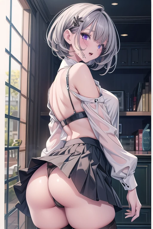 1girl, ((ass)), solo, looking-back, skirt, shoulder-cutout, thighhighs, mole, mole-under-eye, panties, black-skirt, underwear, clothing-cutout, looking-at-viewer, hair-over-one-eye, from-behind, black-panties, thong, bare-shoulders, short-hair, open-mouth, hair-ornament, black-thighhighs, long-sleeves, purple-eyes, white-shirt, shirt, grey-hair, bangs, parted-lips, thighs, breasts, cowboy-shot, ((big ass) 1:1)