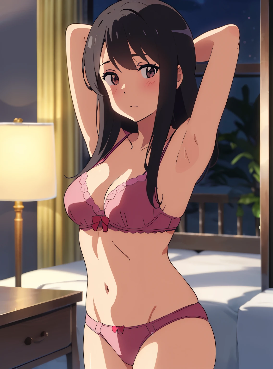 shinkal makoto, kimi no na wa., 1girl, bangs, black hair, brown eyes, twisted half up, long hair, solo, blush, looking at the viewer, arms up, sexy pos e, cute, bedroom, night, lamp, light off, light pink bra, breast, medium breast, light pink panties, masterpiece
