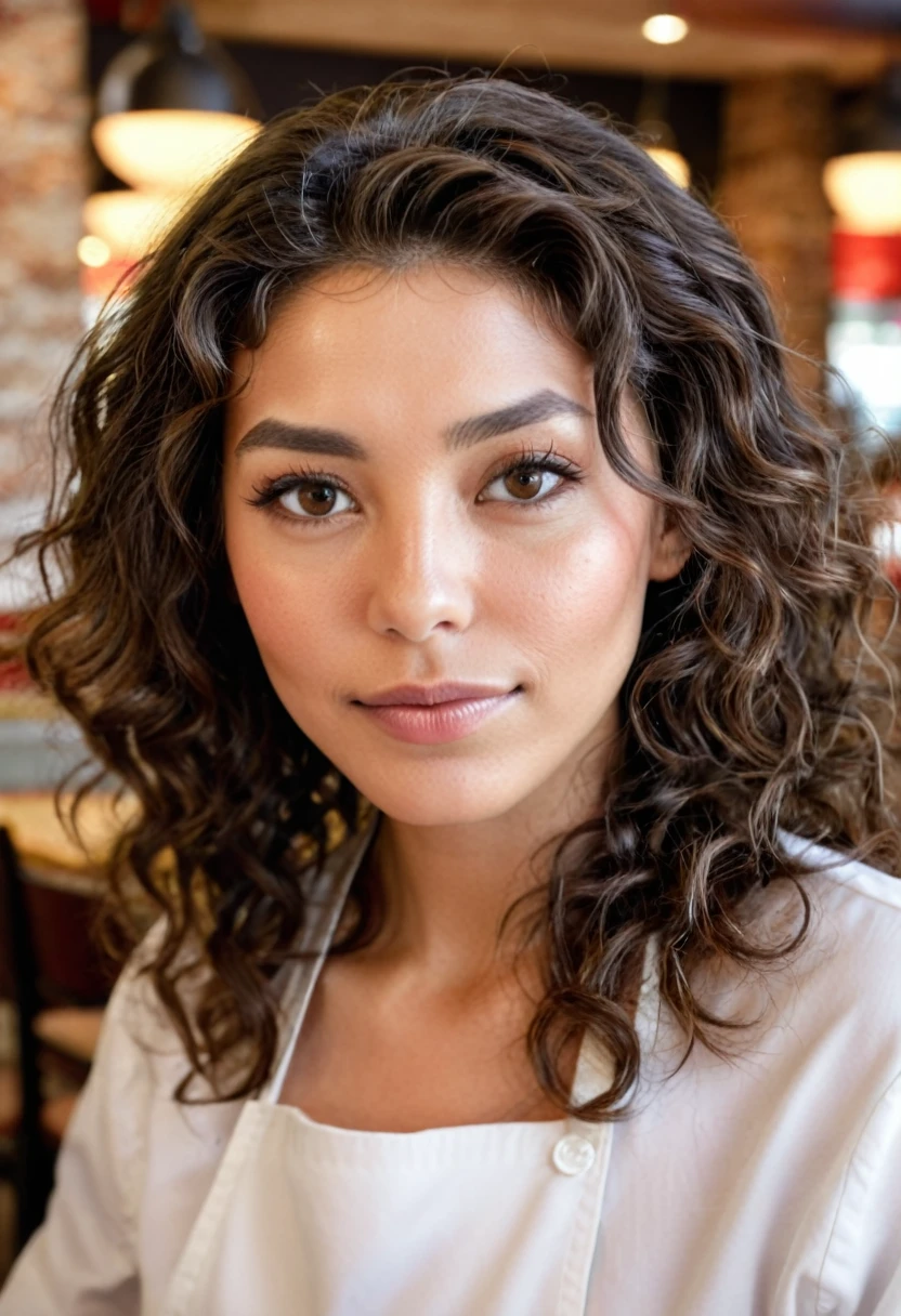 belle brune portant un pull beige (lunch in a modern restaurant), Very detailed, 40 ans, visage innocent, cheveux longs, natural wavy, yeux bleus, high resolution, chef-d'artwork, best quality, intricate details, Very detailed, sharpness, Detailed skin, Realistic skin texture, texture, detailed eyes, professionnel, 4k, sourire charmant, shot with Canon, 85mm, faible profondeur de champ, couleur de vision kodak, corps parfaitement ajusté, extremely detailed, Photo_\(ultra\), photoRealistic, Realistic, Post-traitement, maximum detail, roughness, vrai vie, ultra Realistic, photorealism, La photographie, 8k euh, La photographie