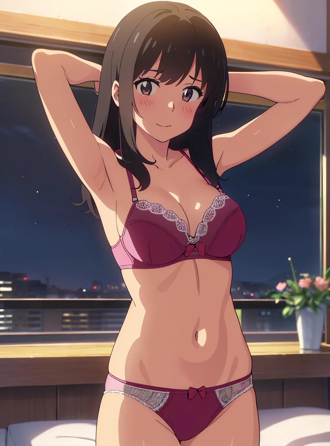 shinkal makoto, kimi no na wa., 1girl, bangs, black hair, brown eyes, twisted half up, long hair, solo, blush, looking at the viewer, arms up, sexy pos e, cute, bedroom, night, lamp, light off, light pink bra, breast, medium breast, light pink panties, masterpiece
